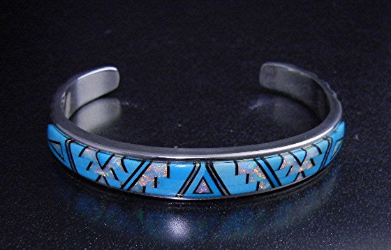 Calvin Begay Turquoise Opal Onyx Inlay Cuff Native Amer
