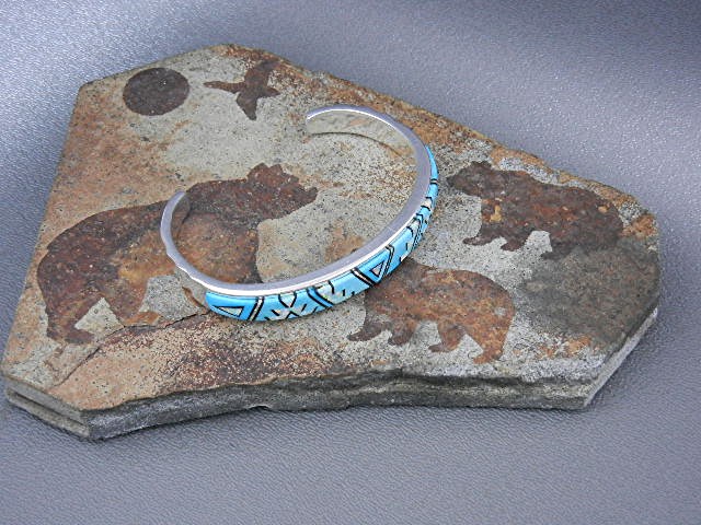 Calvin Begay Turquoise Opal Onyx Inlay Cuff Native Amer