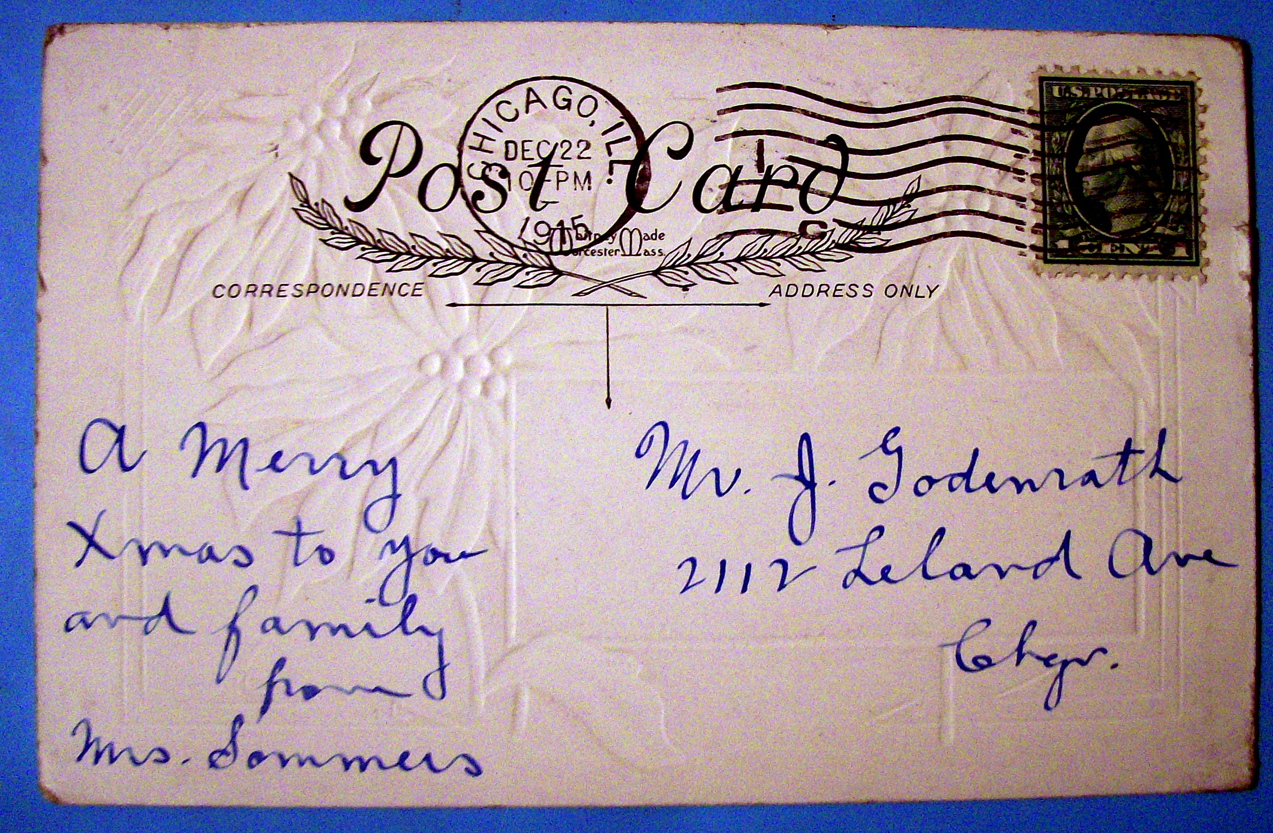 Christmas Greetings Postcard w/Thinking of You-Embossed