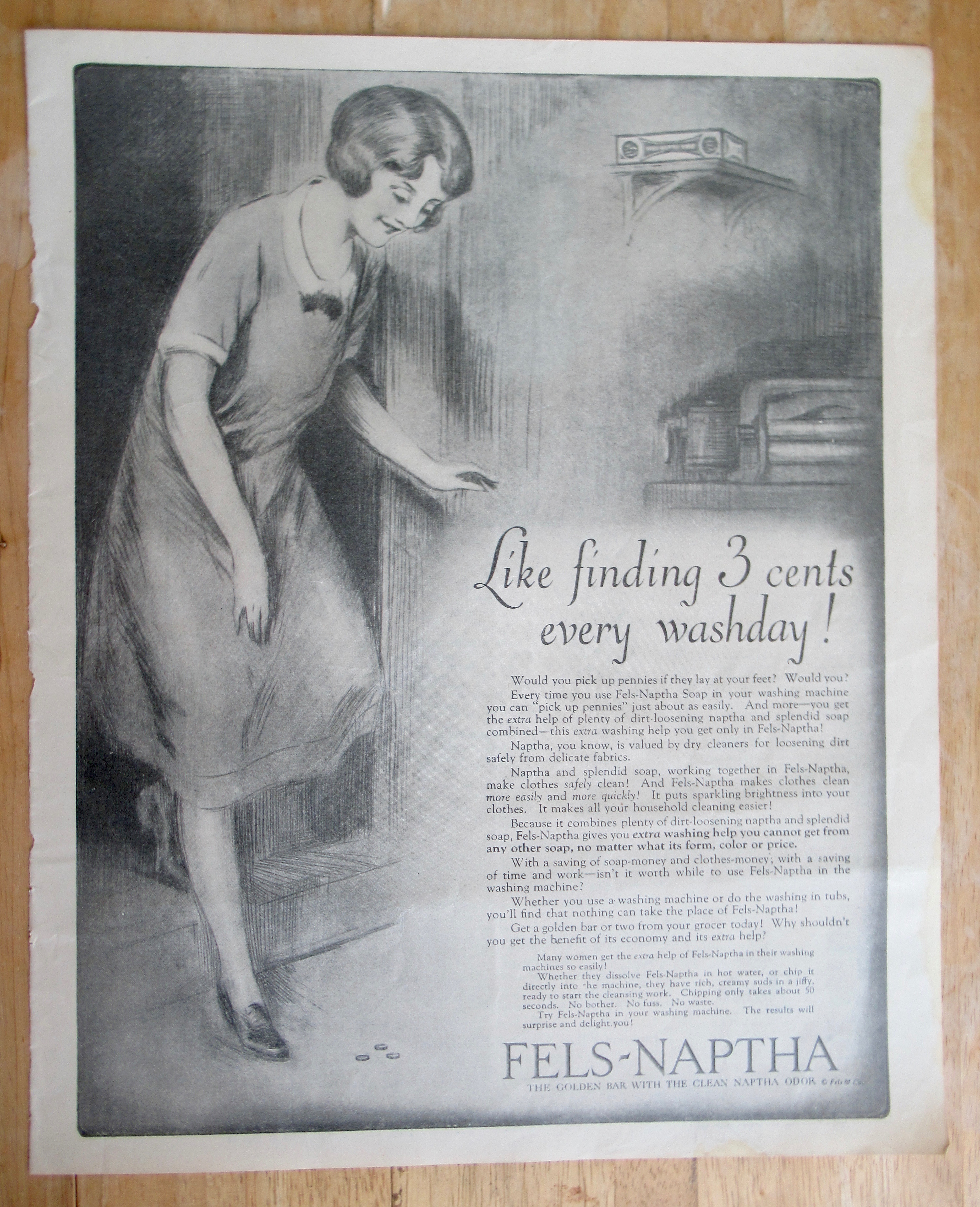 1926 Fels Naphtha Soap with Woman Finding 3 Cents
