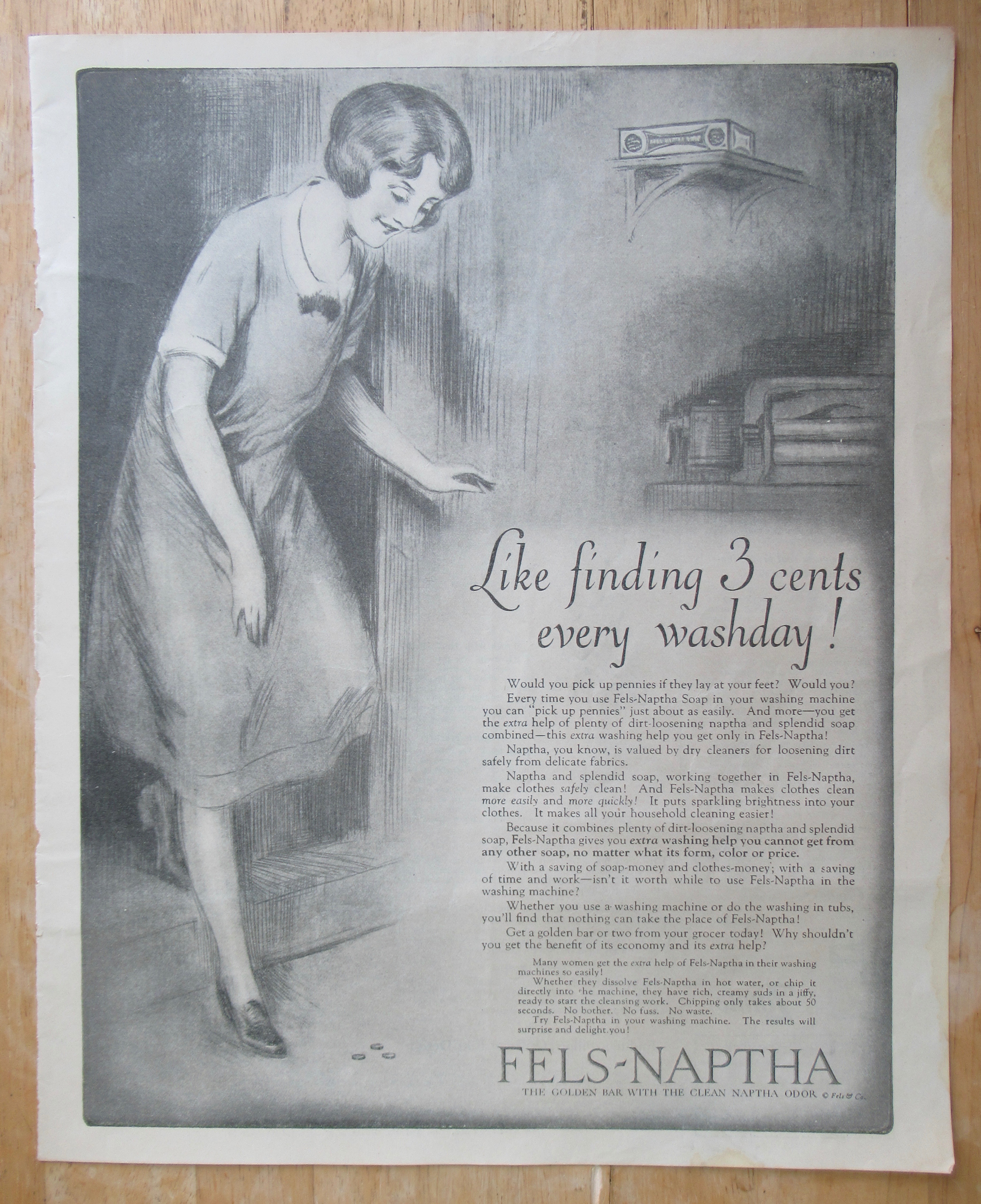 1926 Fels Naphtha Soap with Woman Finding 3 Cents