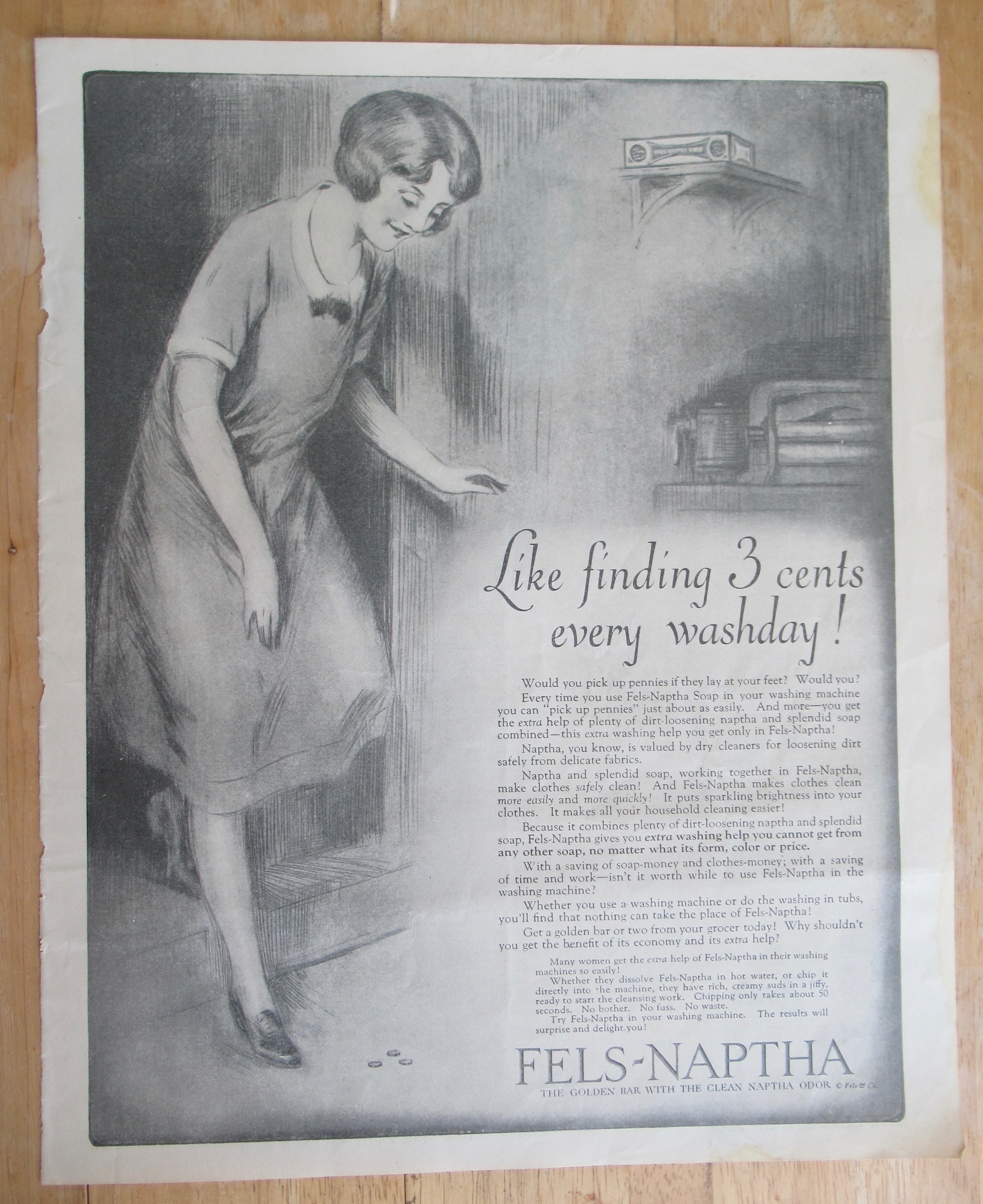 1926 Fels Naphtha Soap with Woman Finding 3 Cents