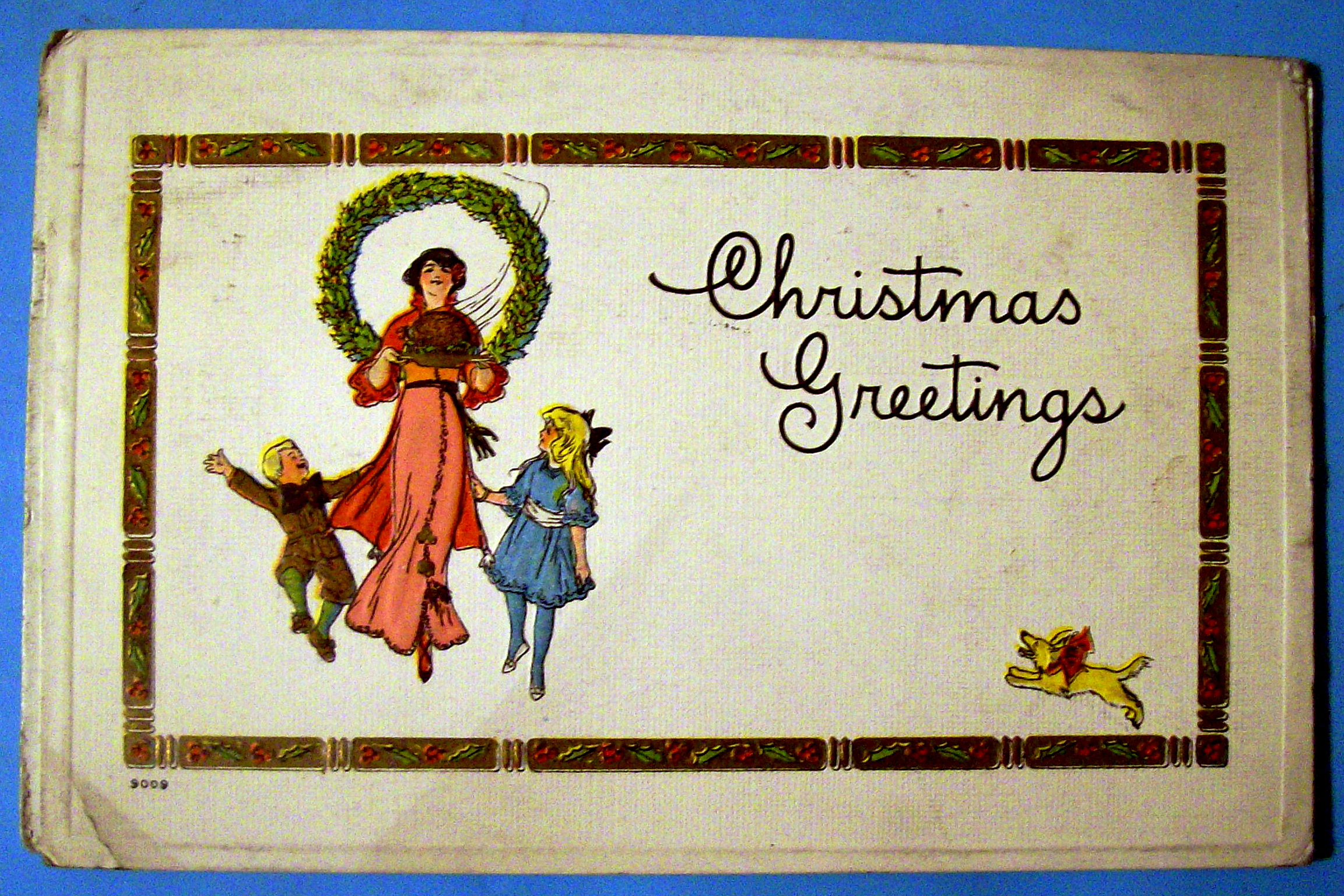 Christmas Greetings Postcard w/Mother & Two Children