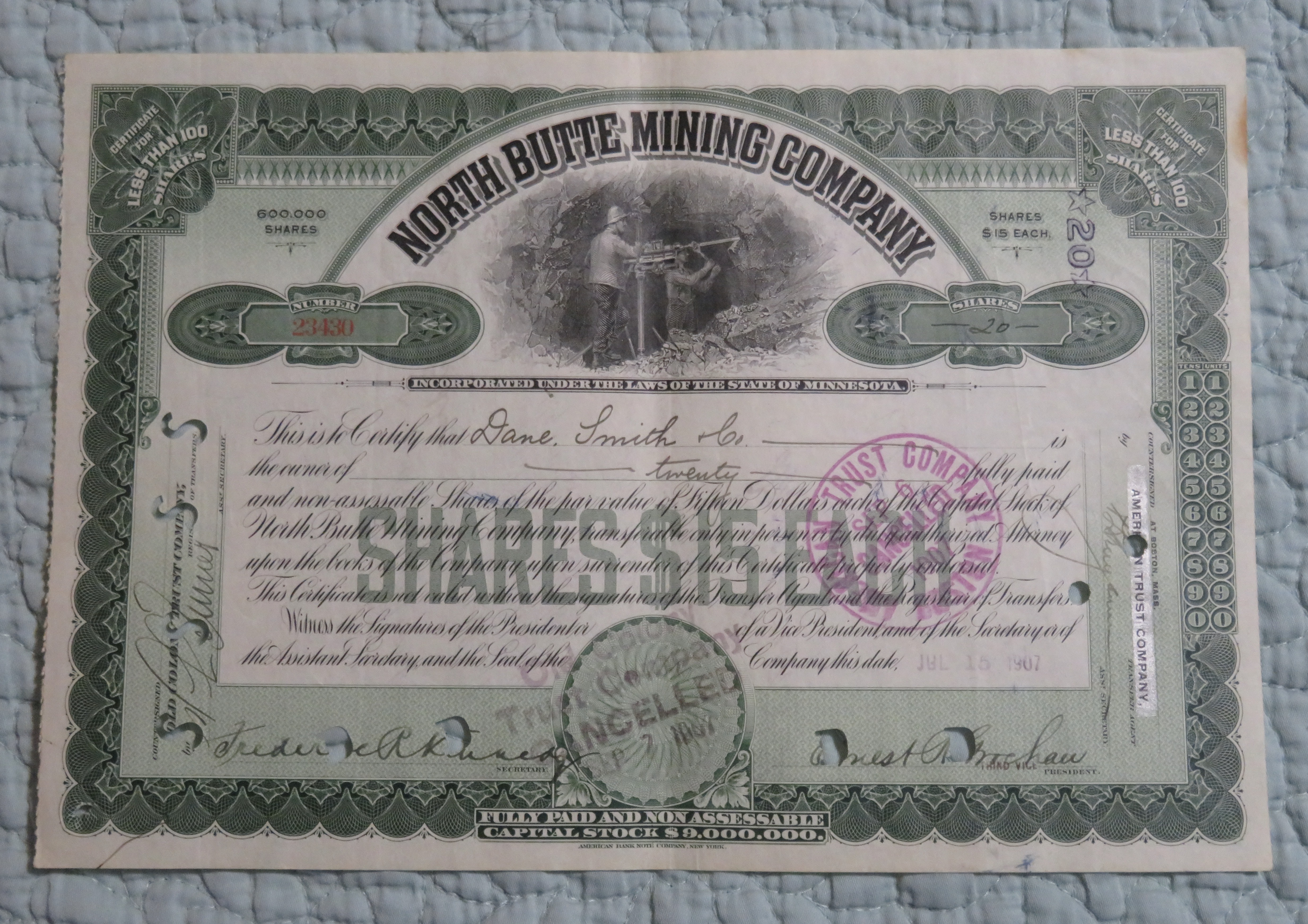 1907 North Butte Mining Company Stock Certificate
