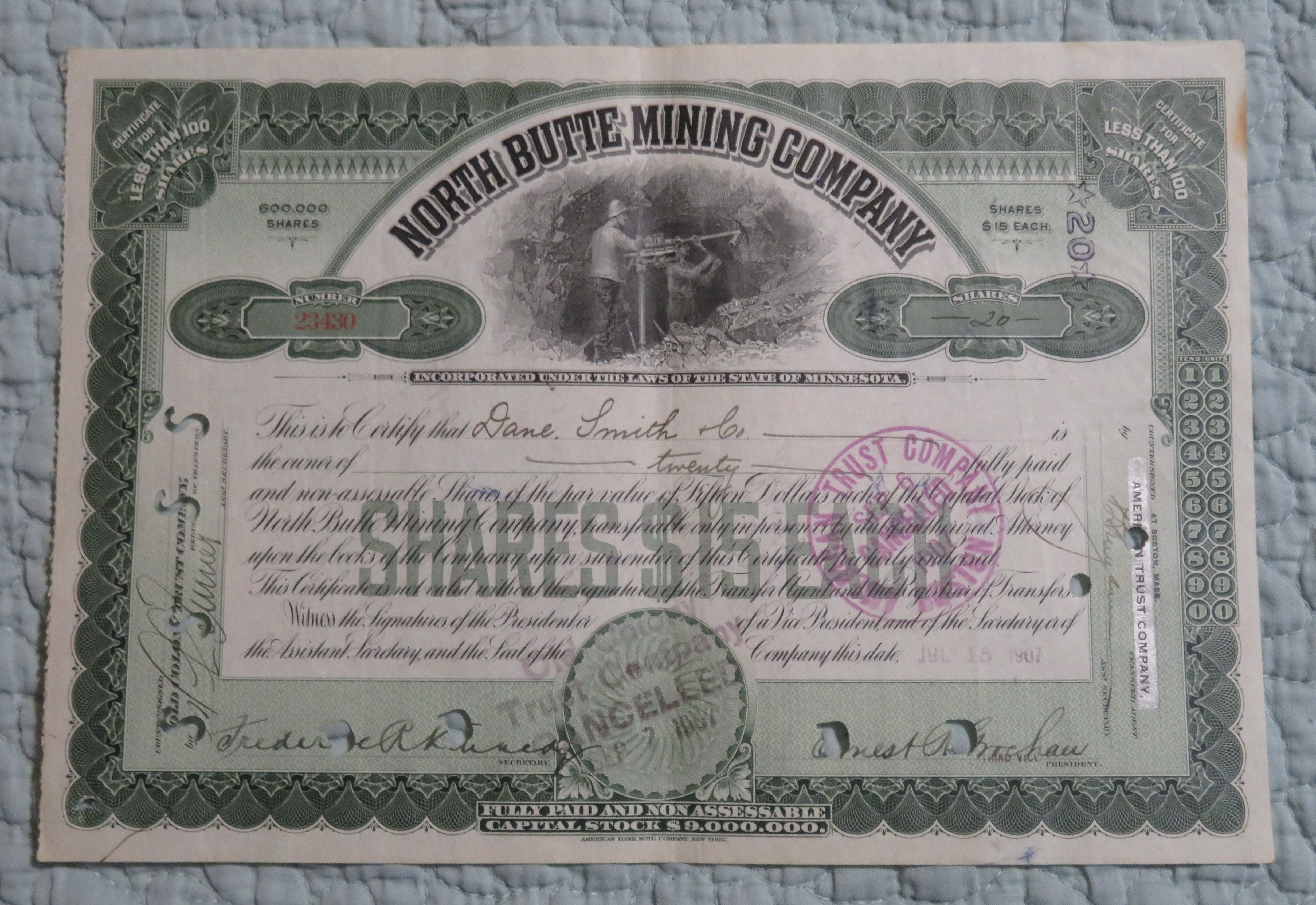 1907 North Butte Mining Company Stock Certificate