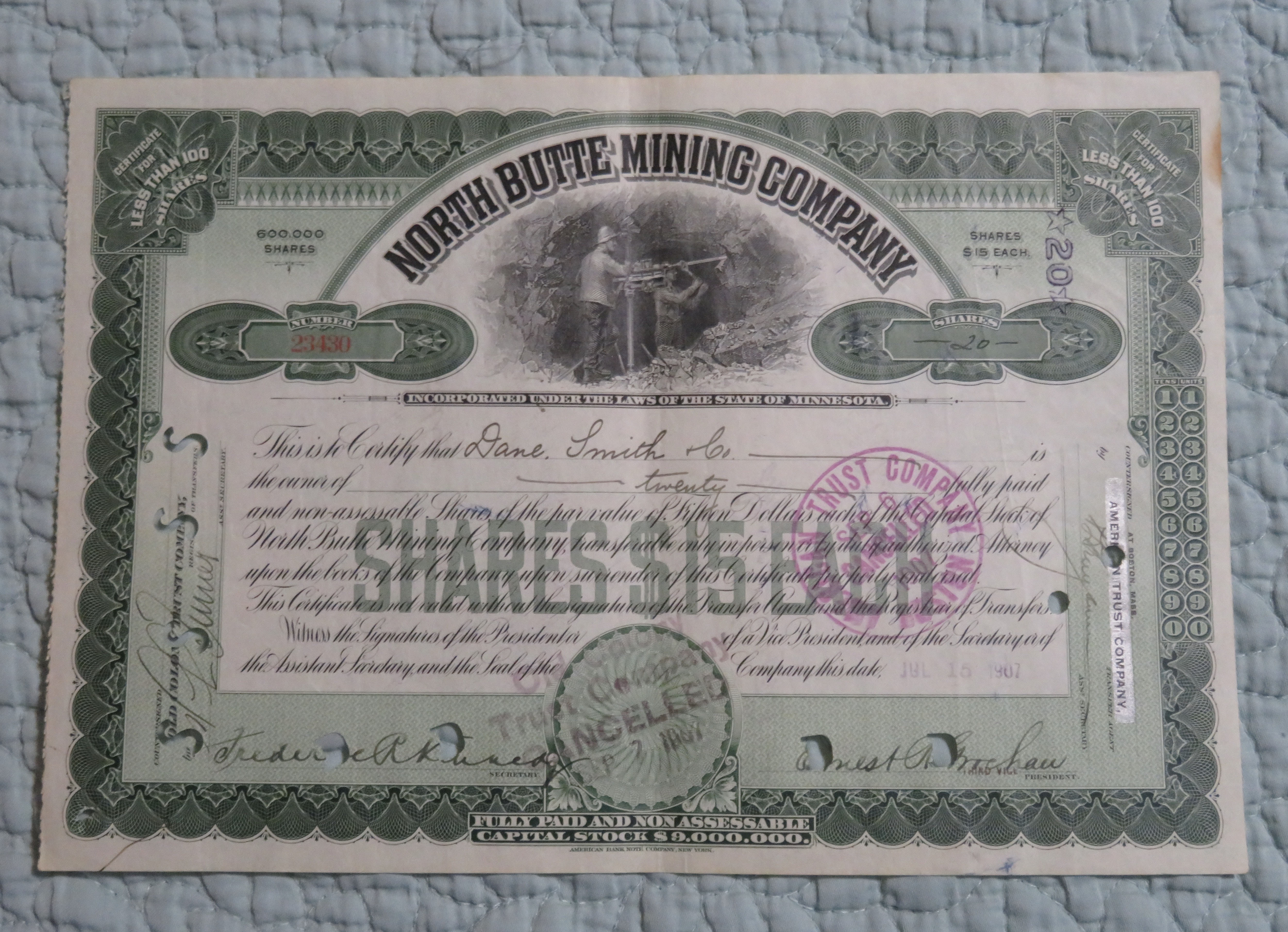 1907 North Butte Mining Company Stock Certificate