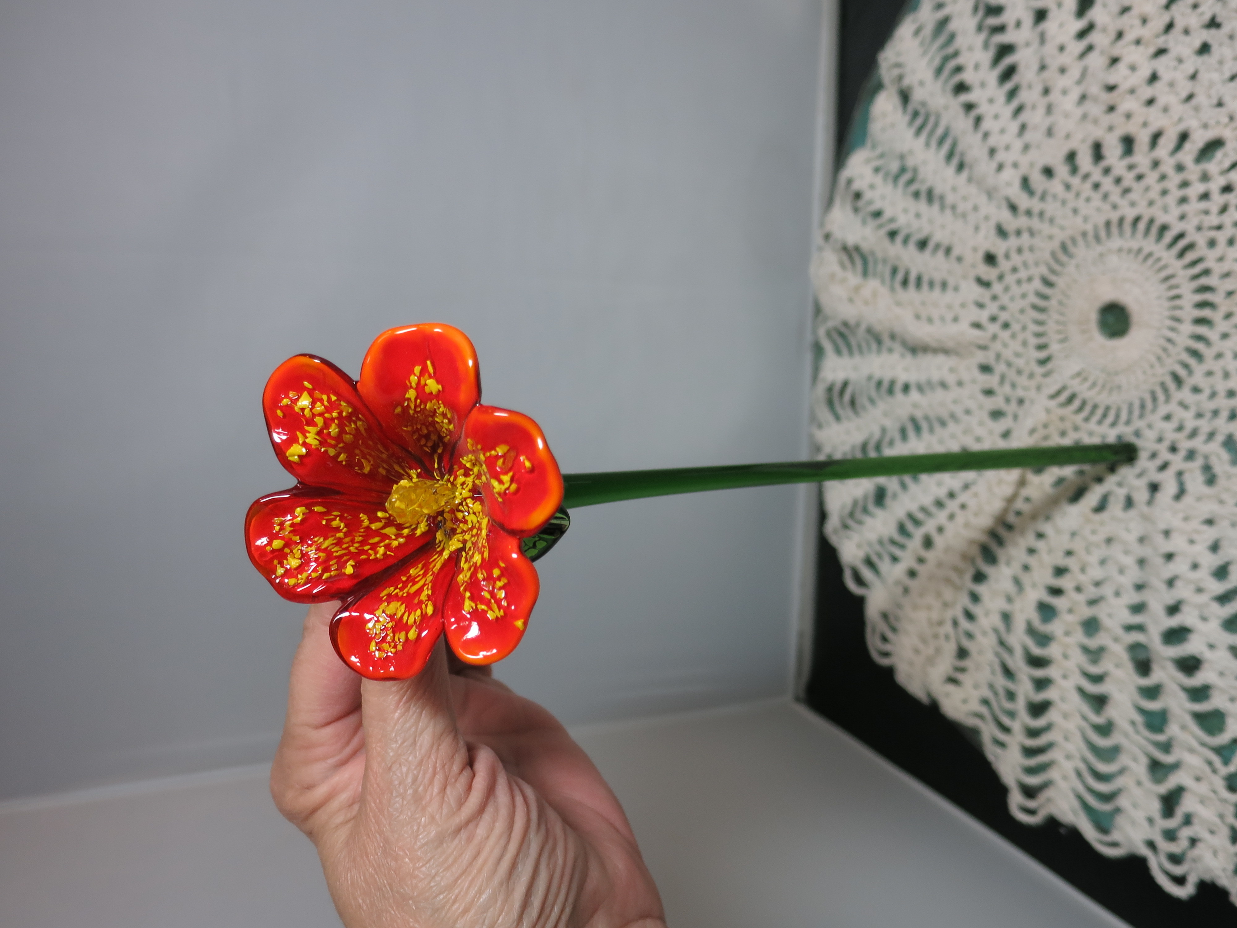 Artisan Blown Glass Flower Figurine Orange Red Green with Yellow