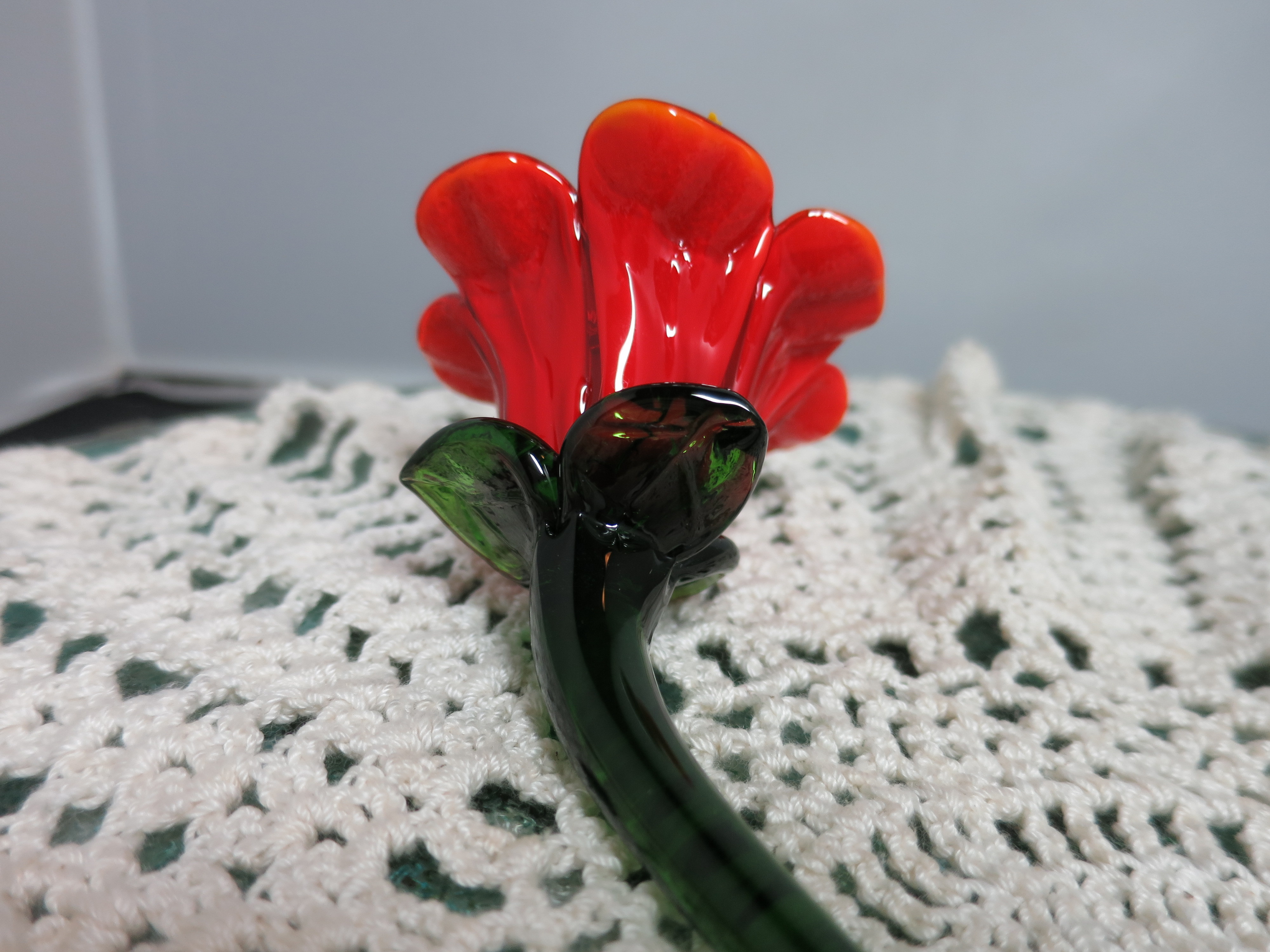 Artisan Blown Glass Flower Figurine Orange Red Green with Yellow