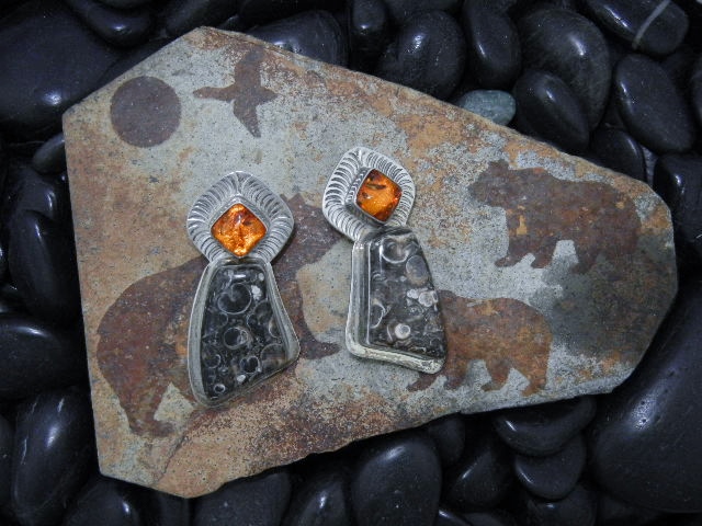 David Troutman  Amber Black Coral Sterling Silver Earri