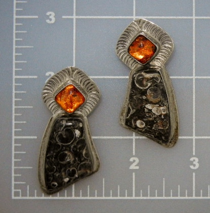 David Troutman  Amber Black Coral Sterling Silver Earri