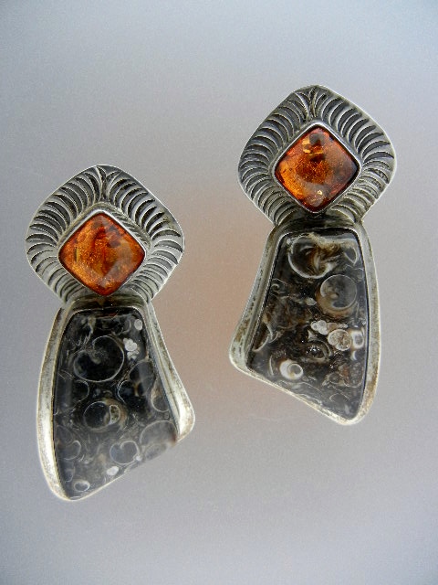 David Troutman  Amber Black Coral Sterling Silver Earri