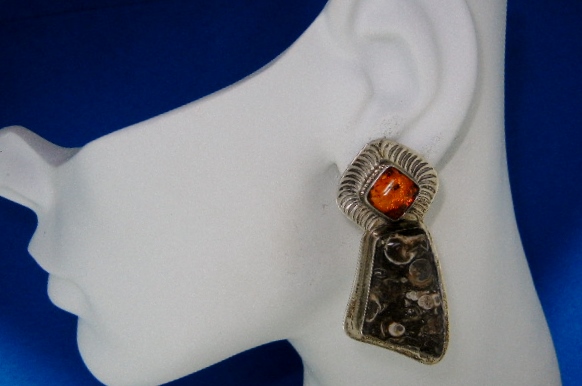 David Troutman  Amber Black Coral Sterling Silver Earri