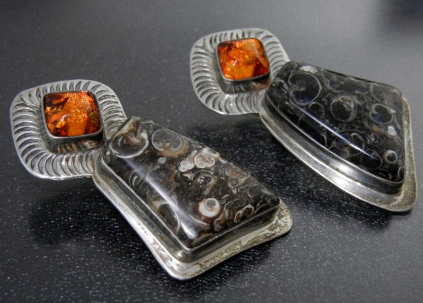 David Troutman Amber Black Coral Sterling Silver Earri