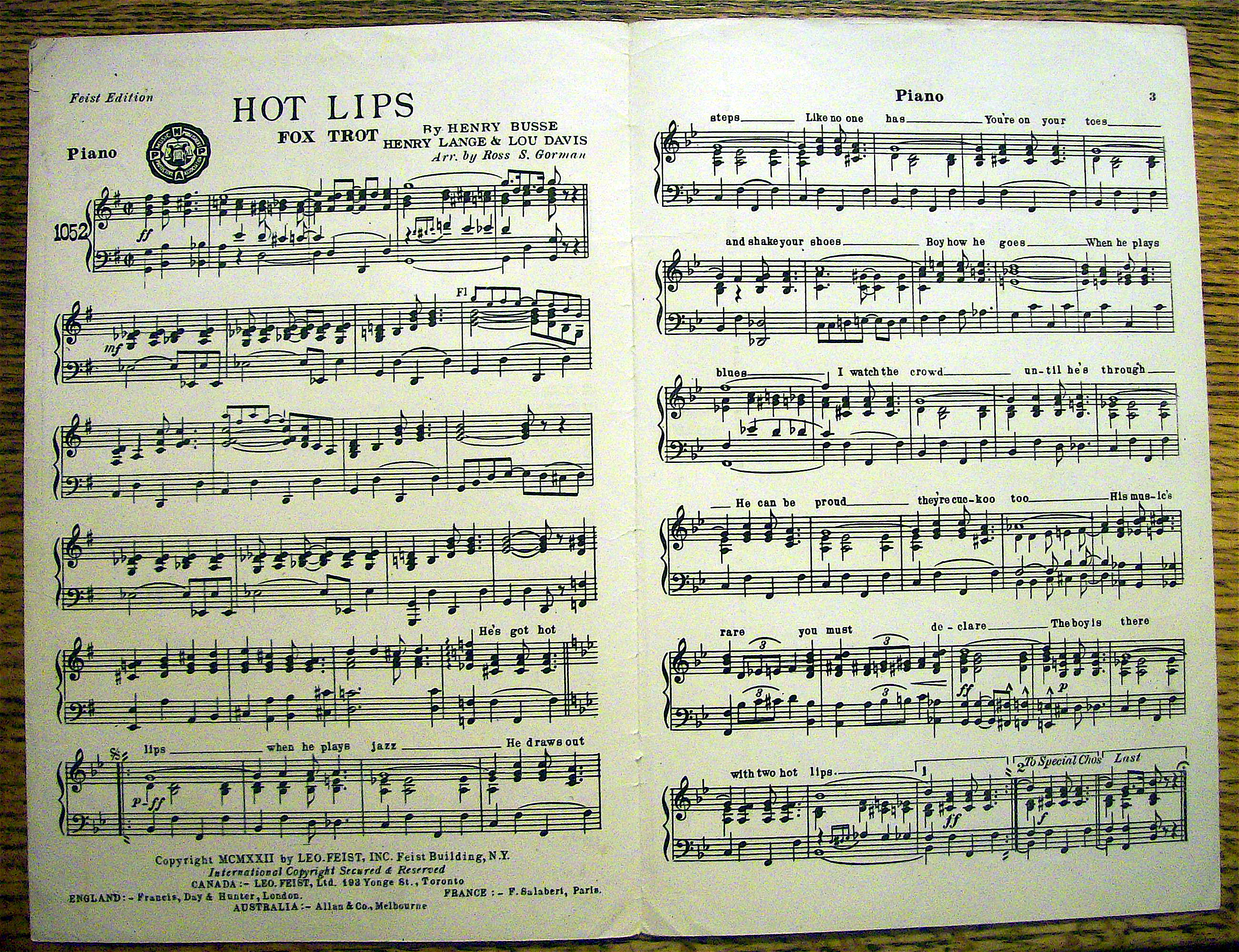 Sheet Music For 1922 Hot Lips Fox Trot