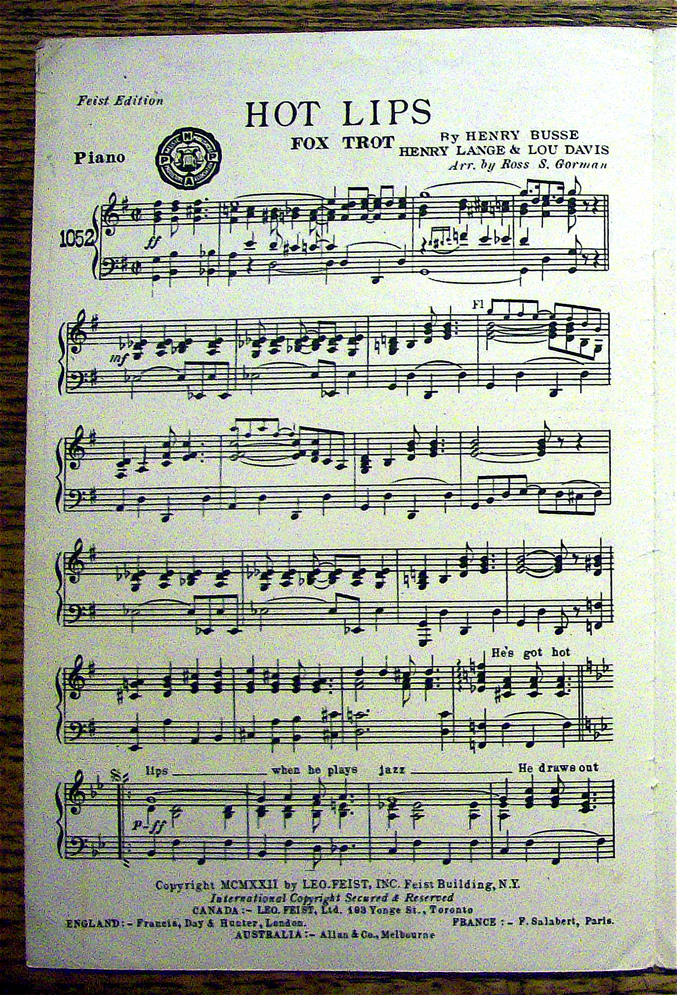 Sheet Music For 1922 Hot Lips Fox Trot