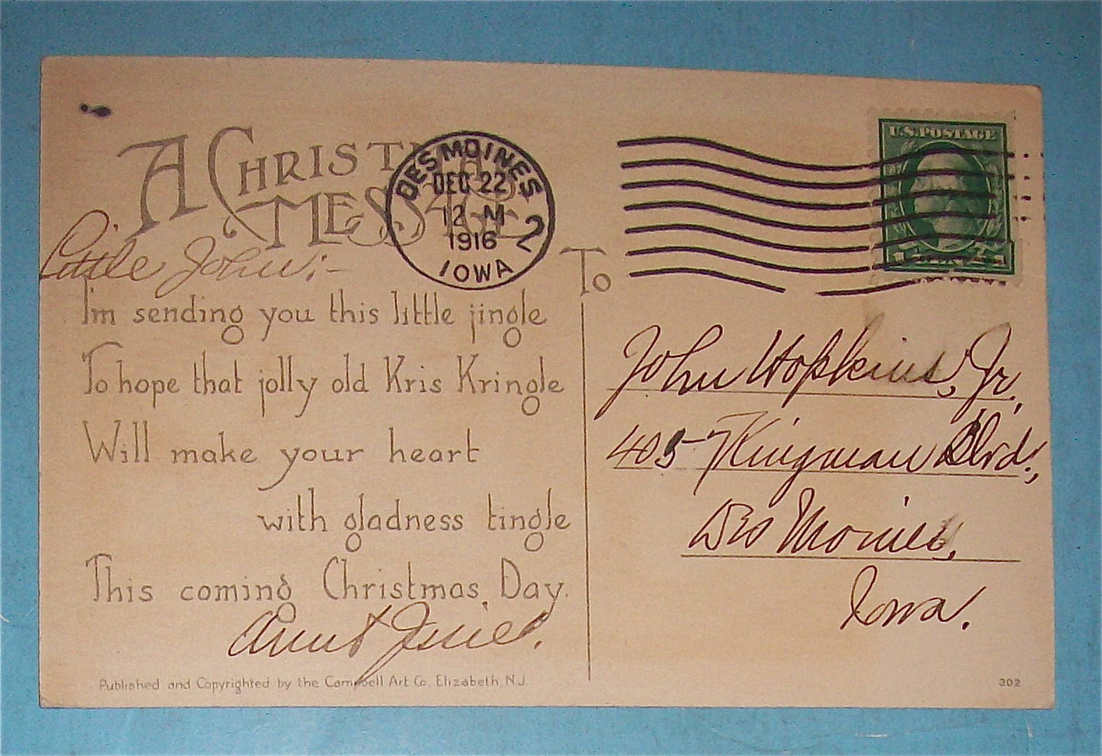 A Merry Christmas Postcard w/Two Children on Bed