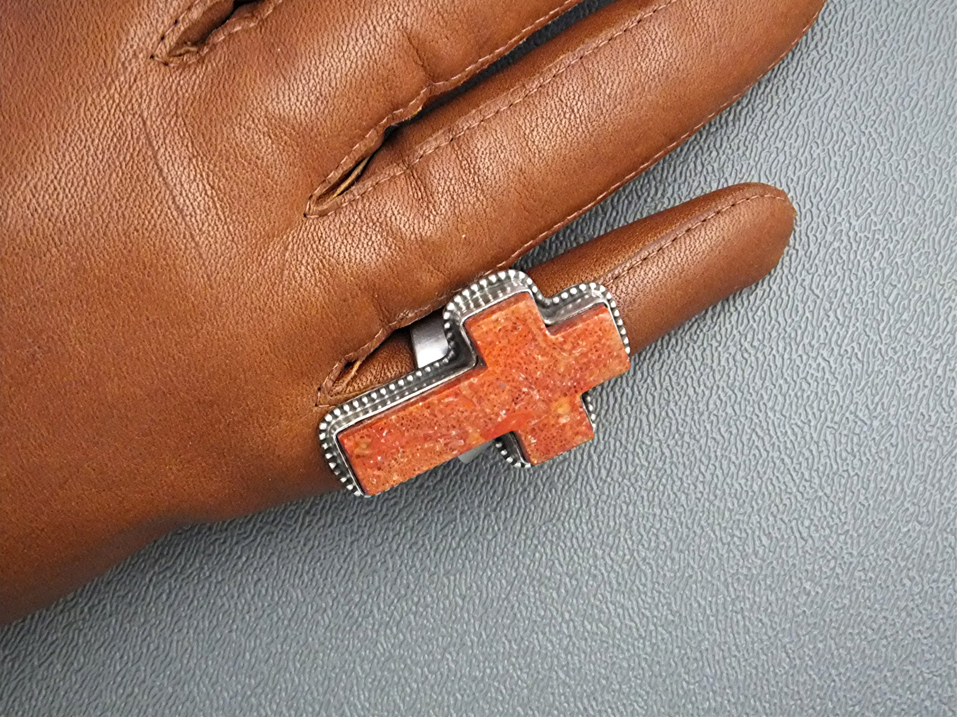 David Troutman Sterling Silver Coral Cross Ring
