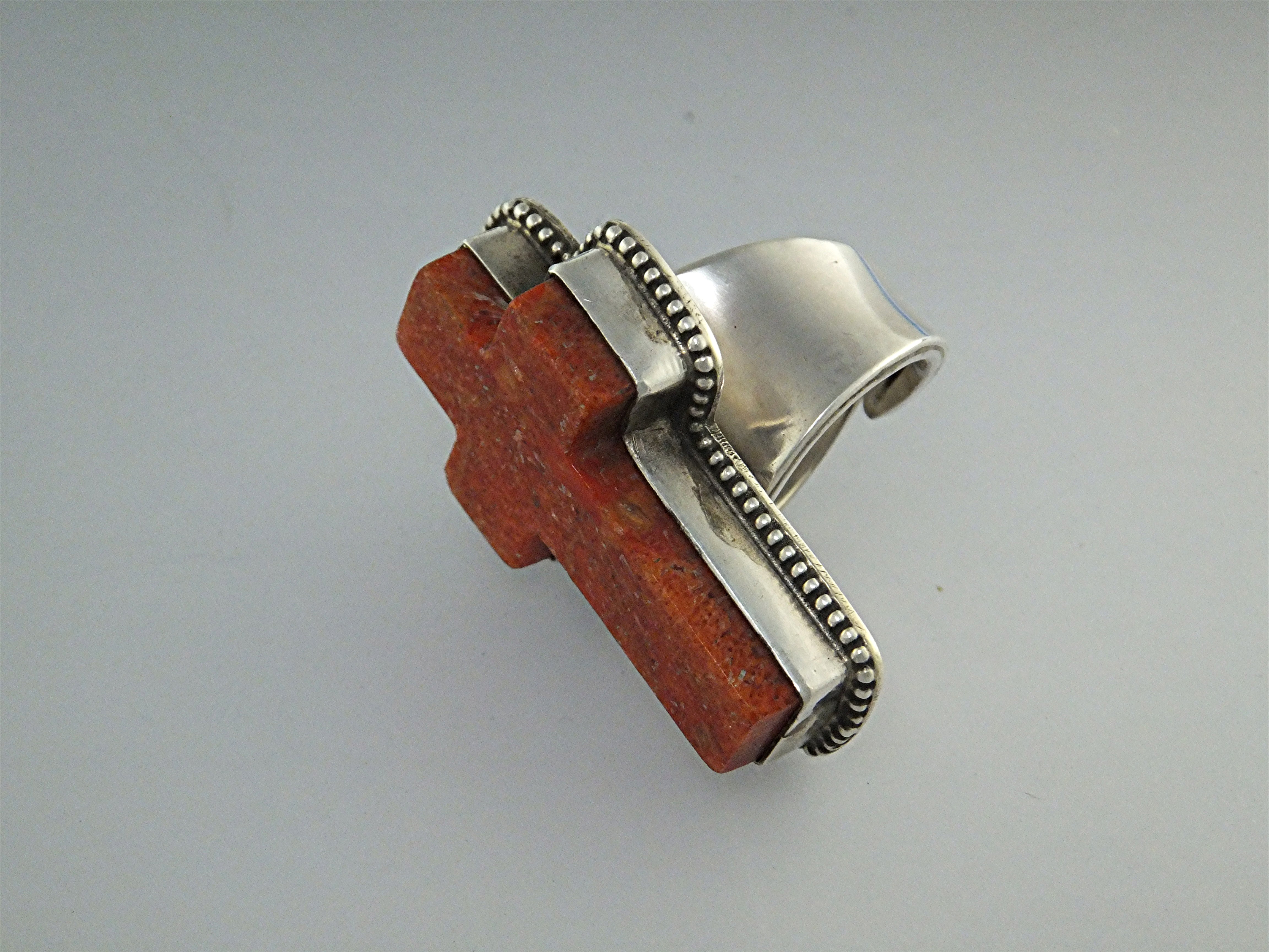 David Troutman Sterling Silver Coral Cross Ring