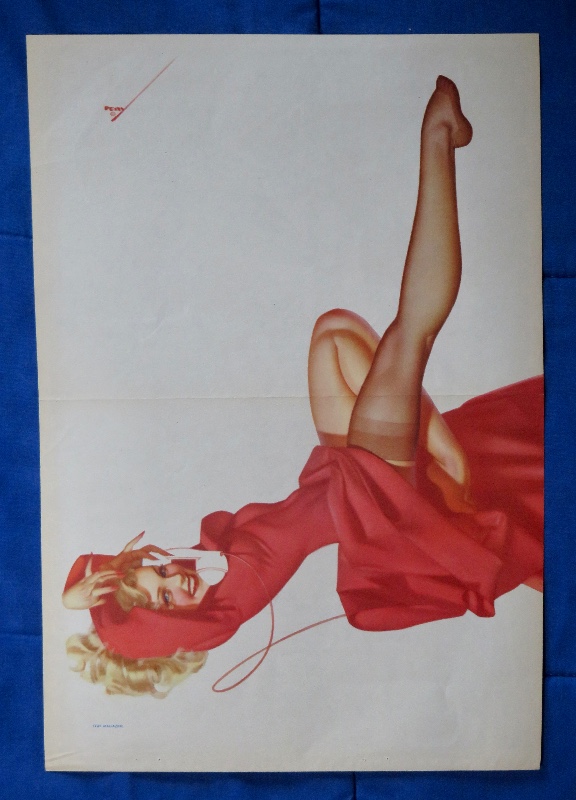 Original 1945 Sexy Pin Up Girl Wearing A Red Dress While Laying On Her Back While On The Telephone By George Petty