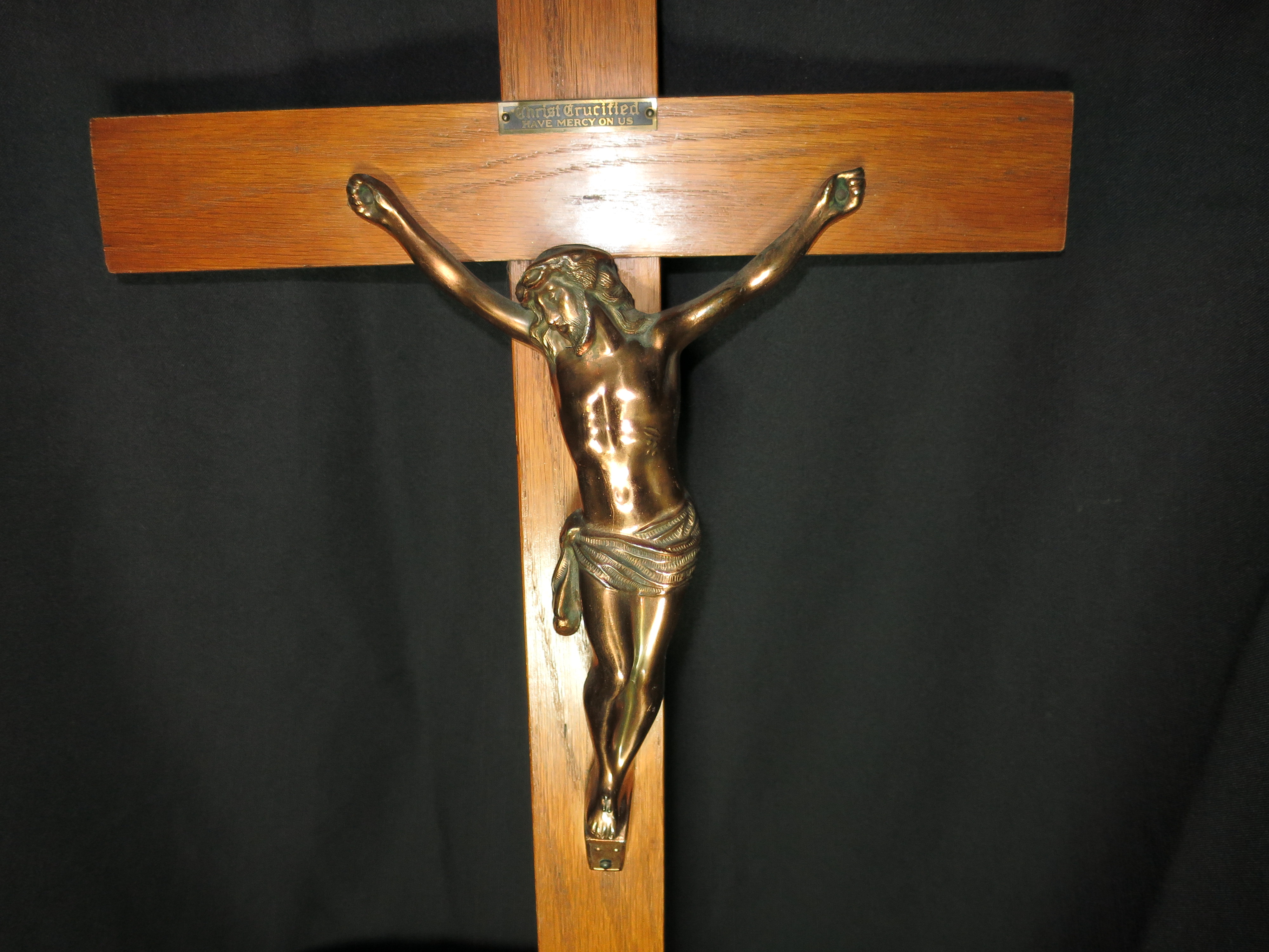 Crucifix Copper Bronzed Jesus Christ on Oak Cross 29 in