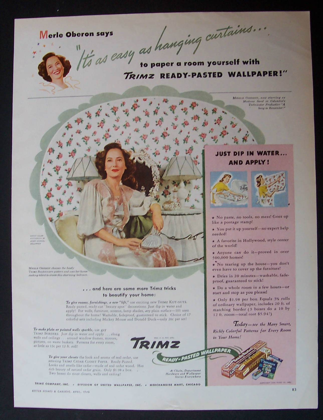 1945  Trimz Ready-Pasted Wallpaper with  Merle  Oberon