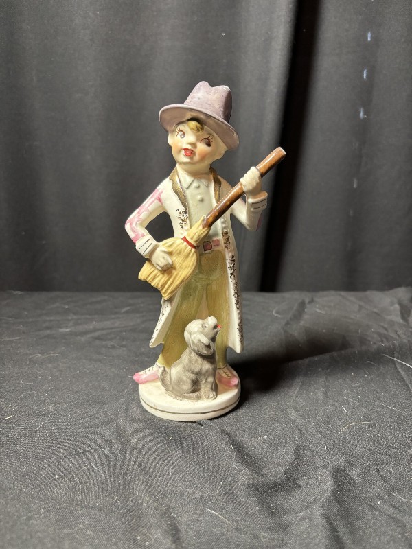 Vintage Ceramic Figurine Boy with Broom and Dog, Purple Hat, 7.5"