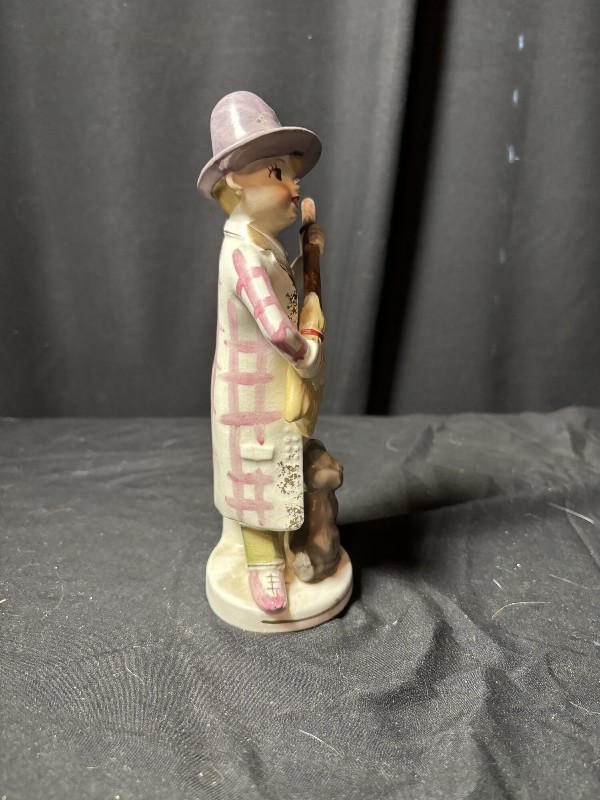 Vintage Ceramic Figurine Boy with Broom and Dog, Purple Hat, 7.5"
