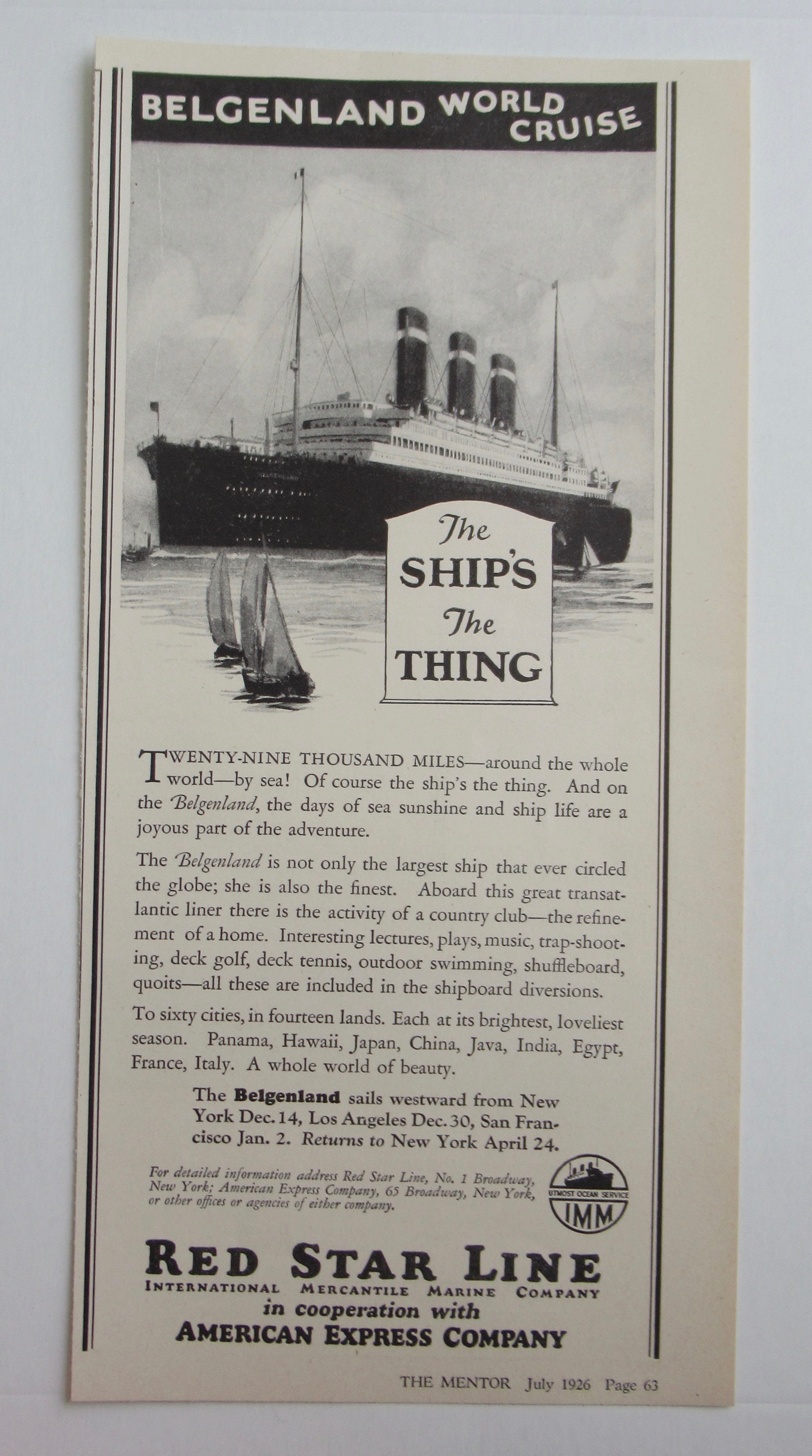 1926 Red Star Line with Belgenland World Cruise