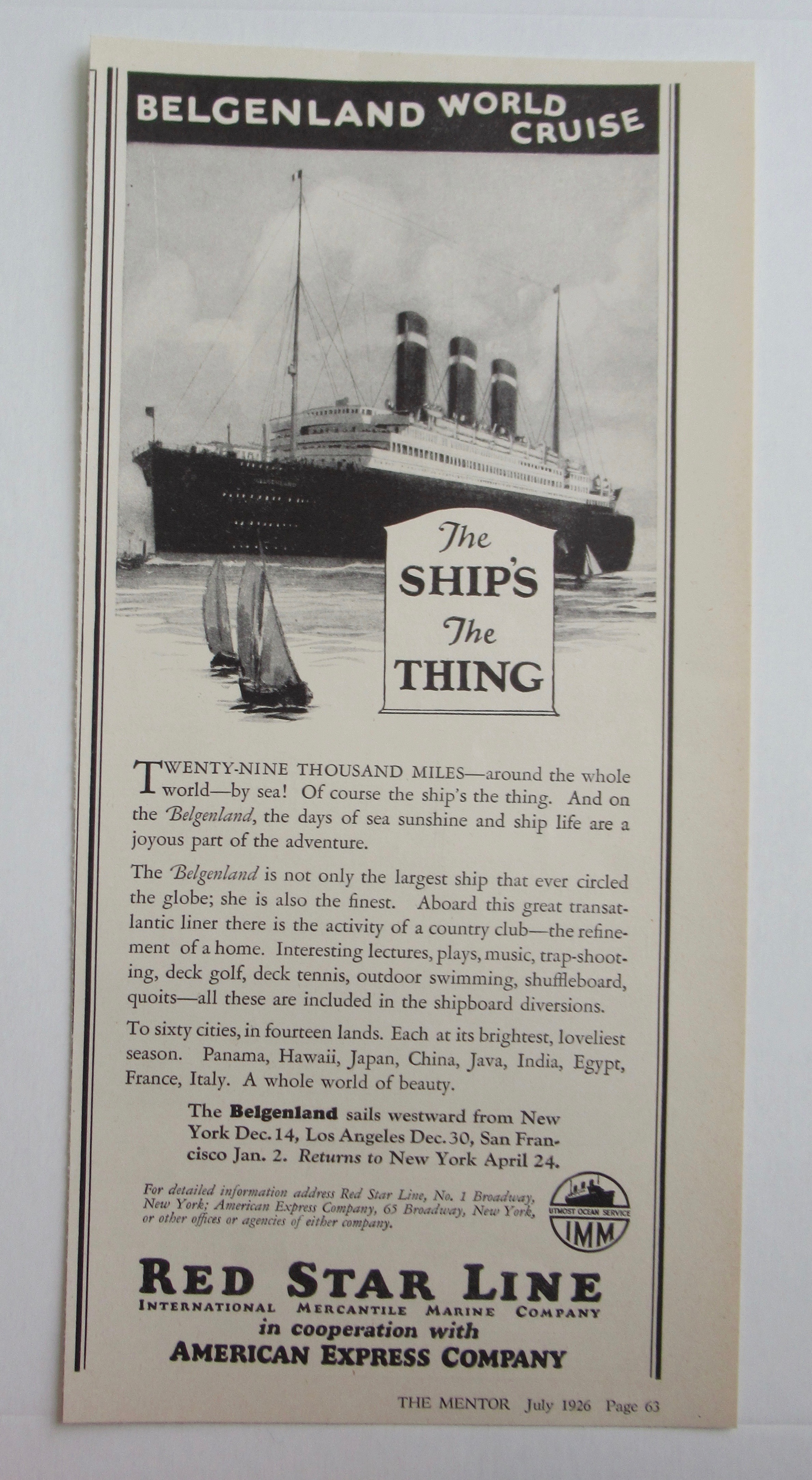 1926 Red Star Line with Belgenland World Cruise