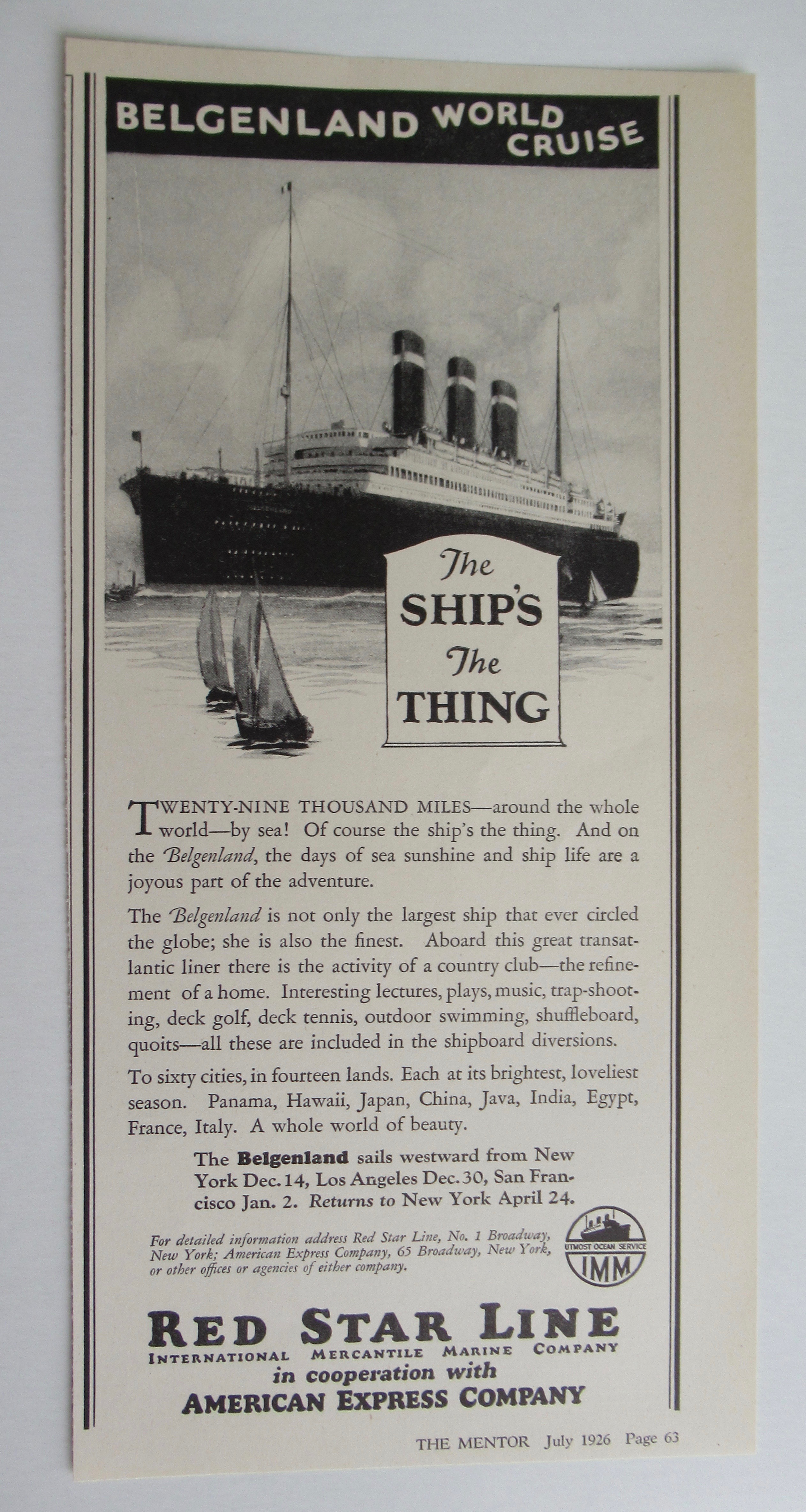 1926 Red Star Line with Belgenland World Cruise