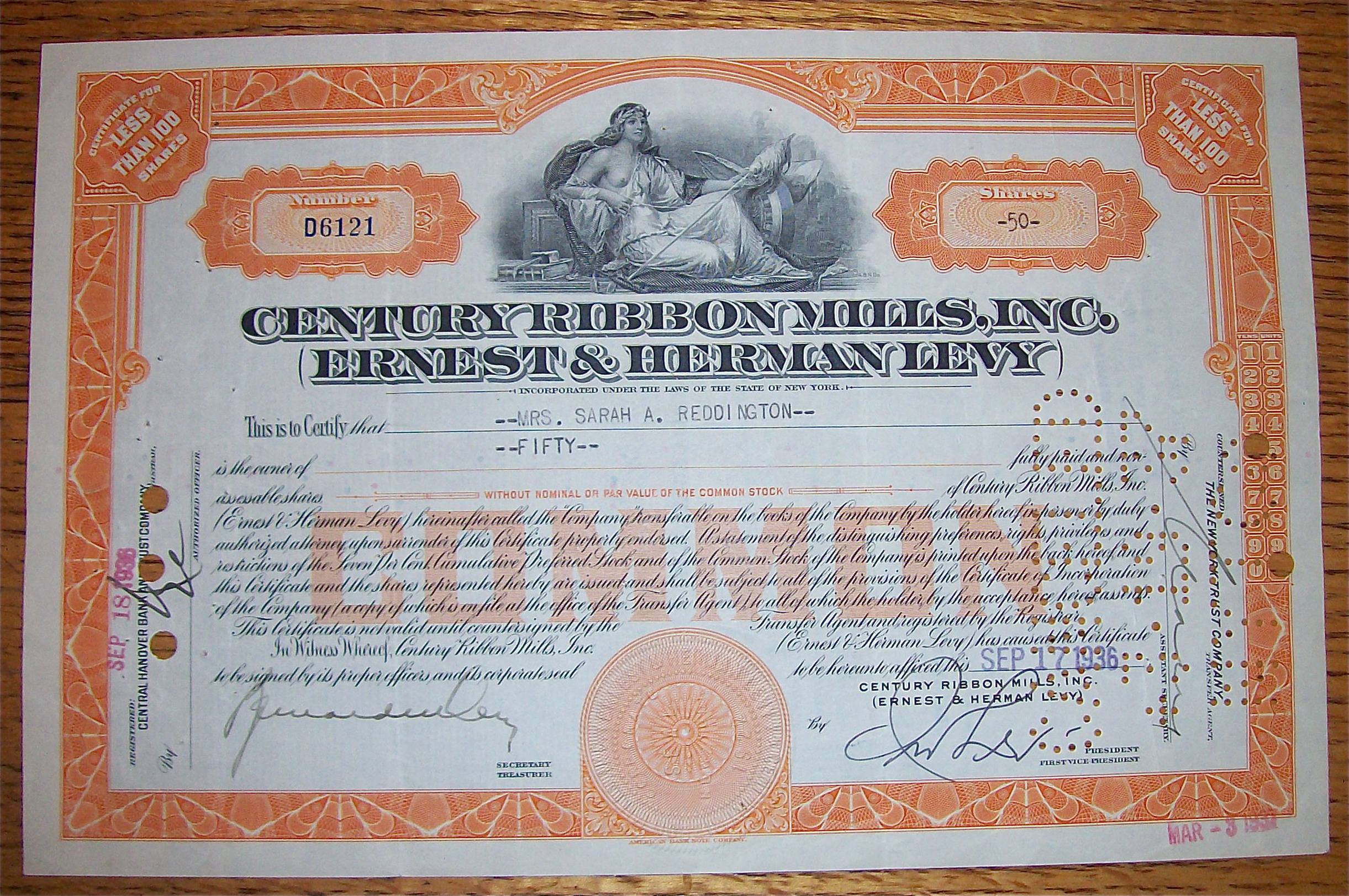 1936  Century Ribbon Mills Stock Certificate
