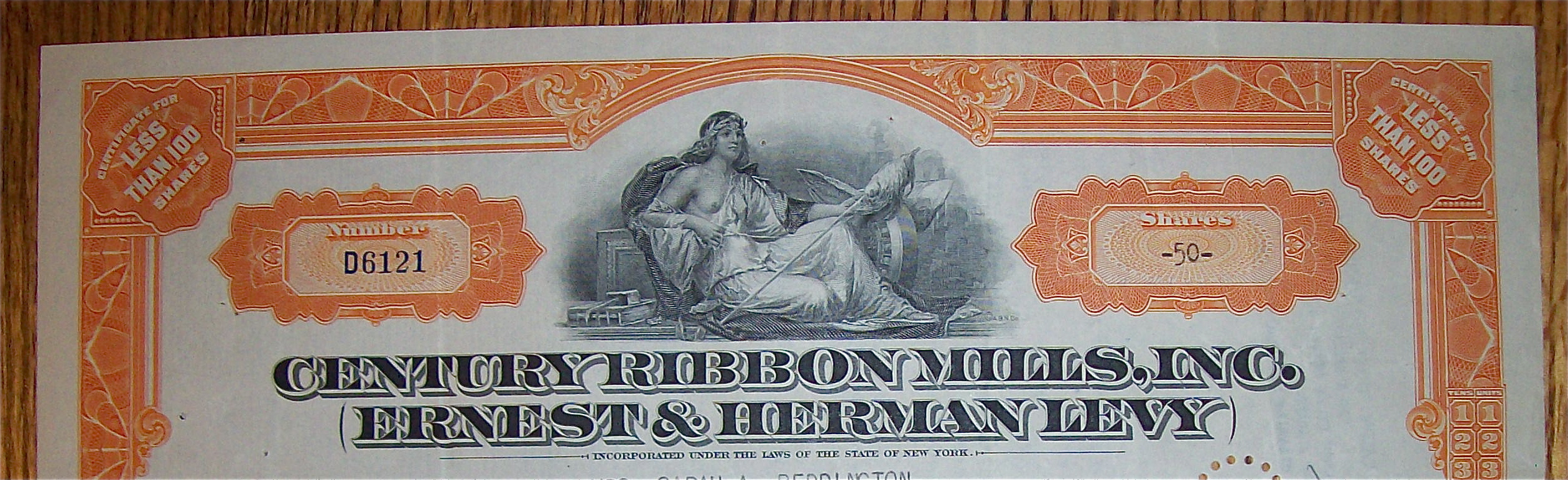 1936  Century Ribbon Mills Stock Certificate