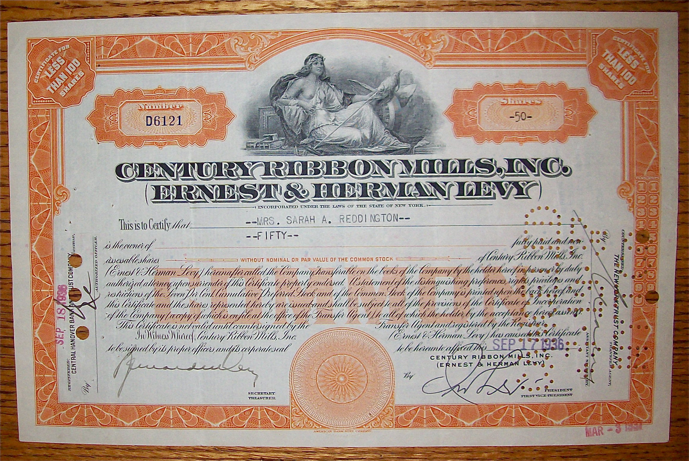 1936  Century Ribbon Mills Stock Certificate