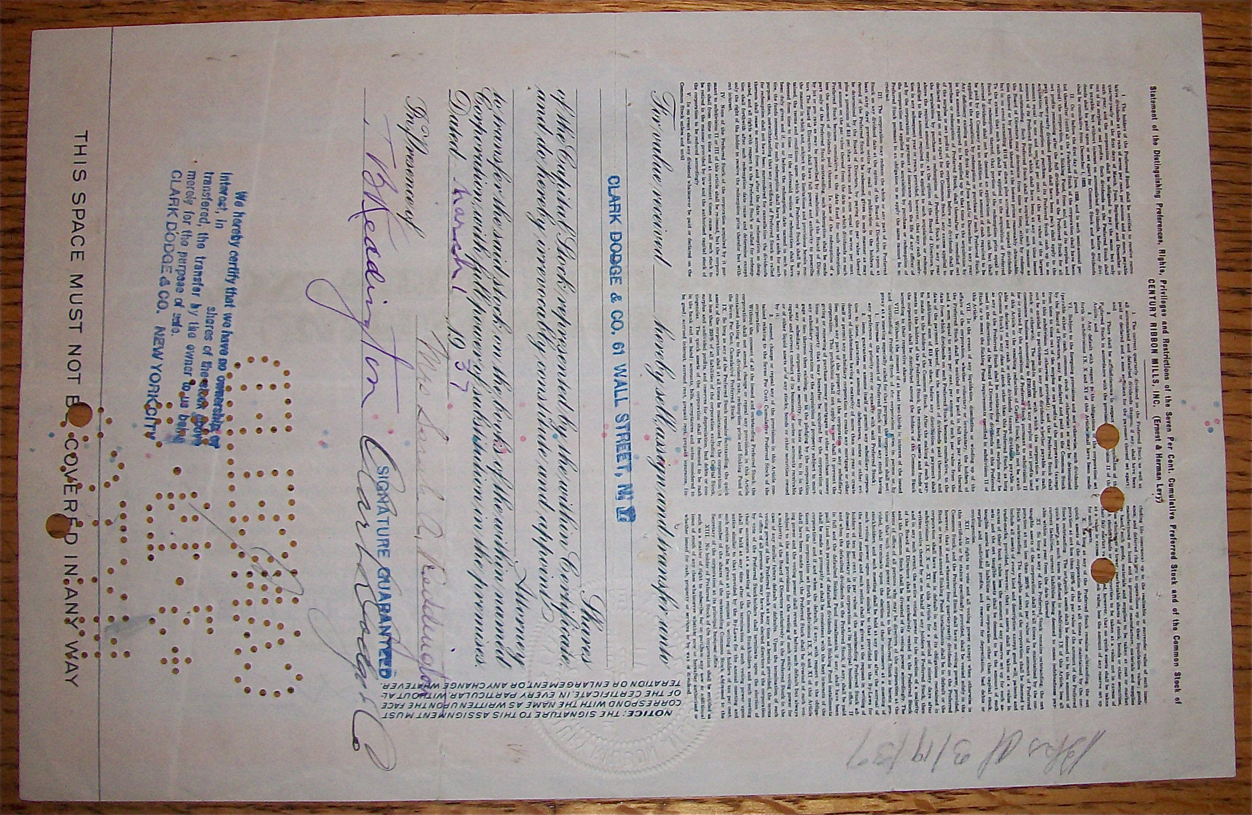1936  Century Ribbon Mills Stock Certificate