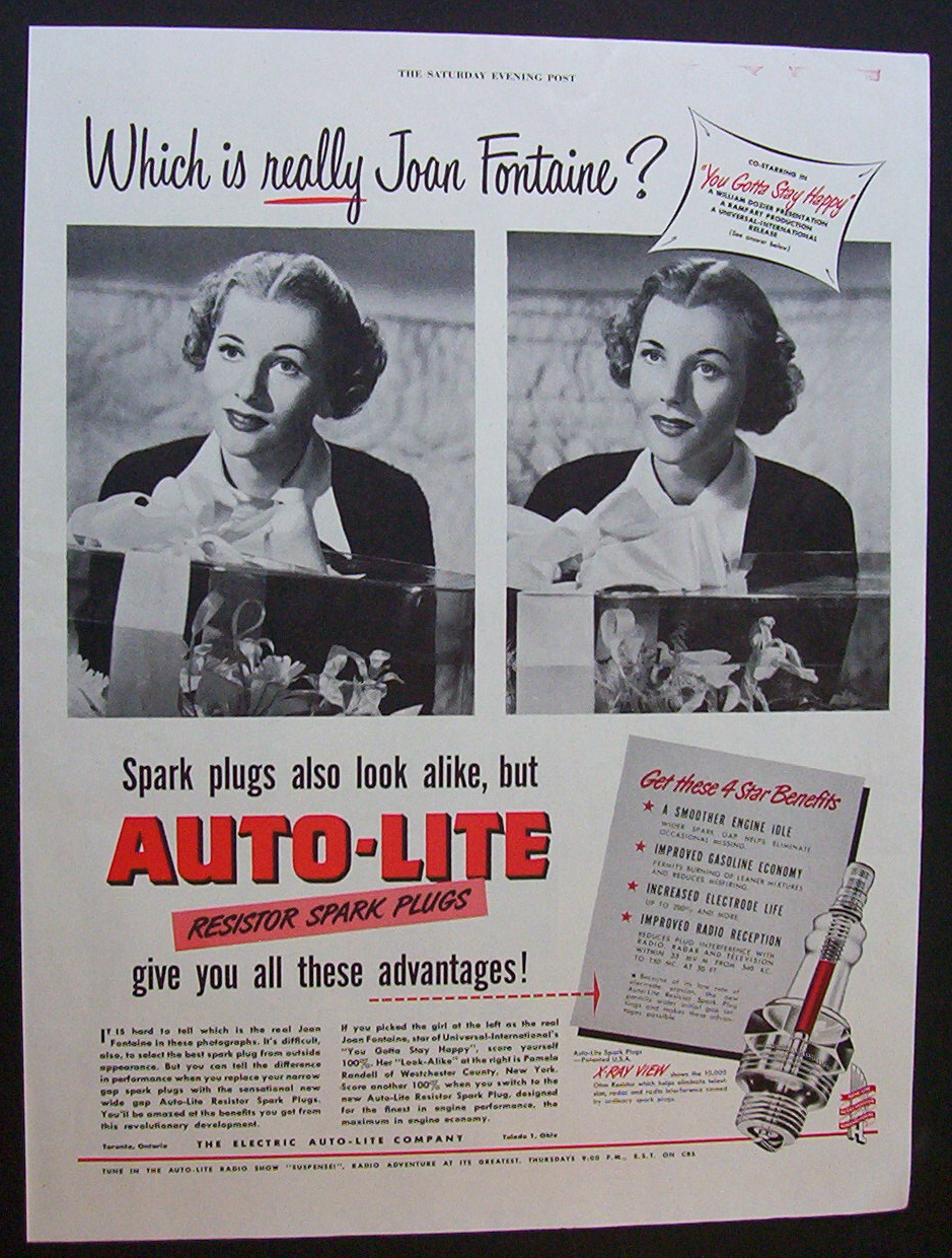 1949 Auto Lite Spark Plugs with Joan Fontaine