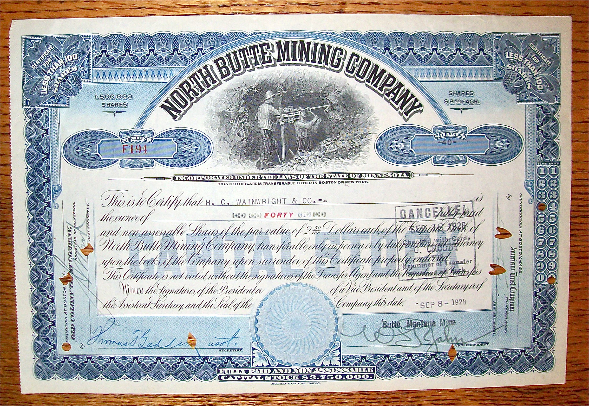 1928 North Butte Mining Company Stock Certificate