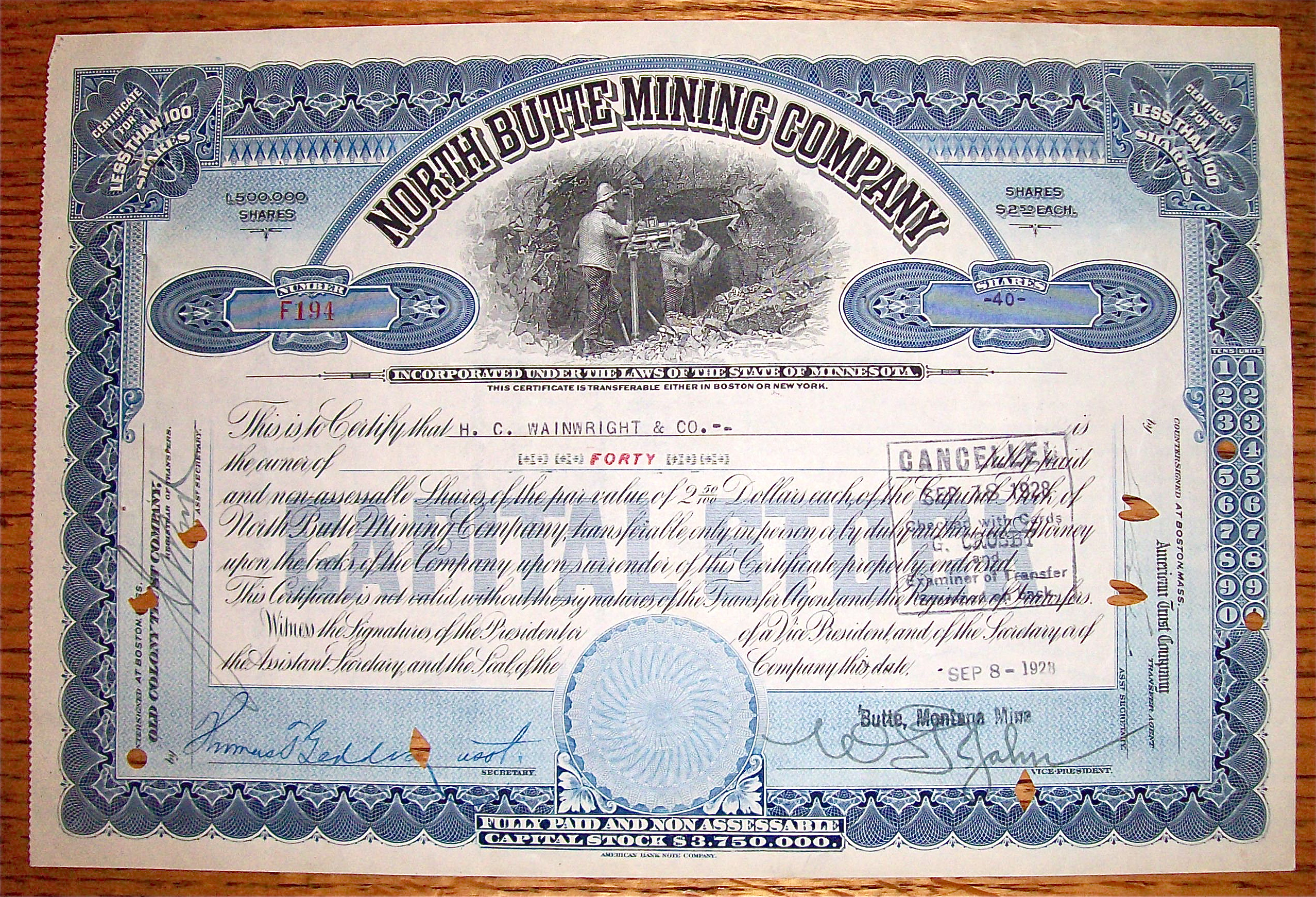 1928 North Butte Mining Company Stock Certificate