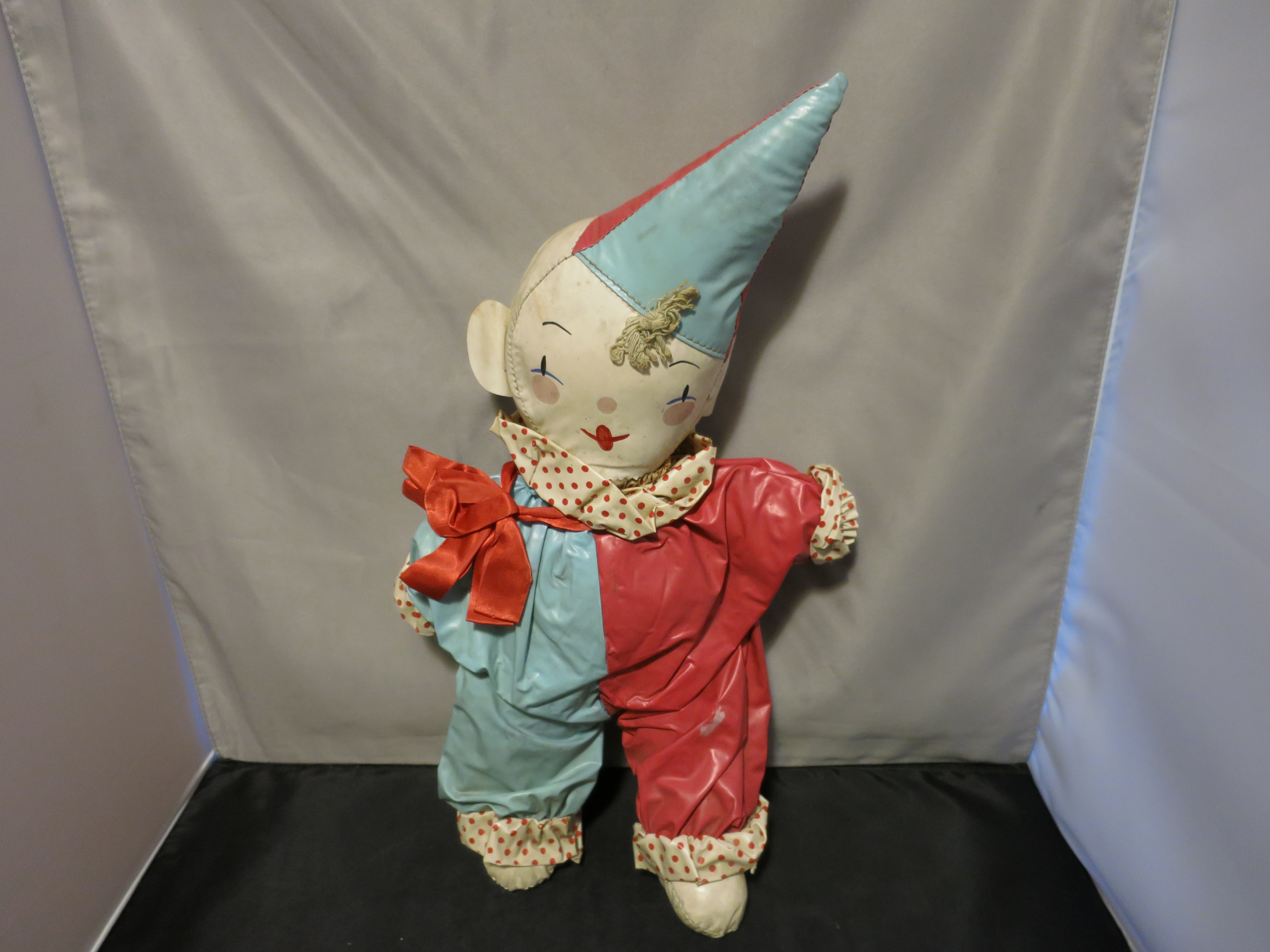 Vintage Stuffed Oil Cloth Clown Doll 1940s 16 inch
