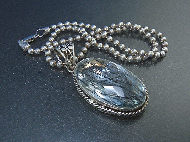 Blue Rutilted Quartz Sterling Silver Necklace Signed