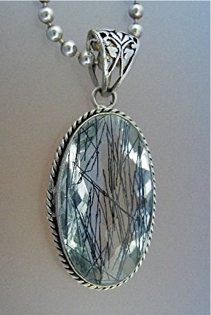 Blue Rutilted Quartz Sterling Silver Necklace Signed
