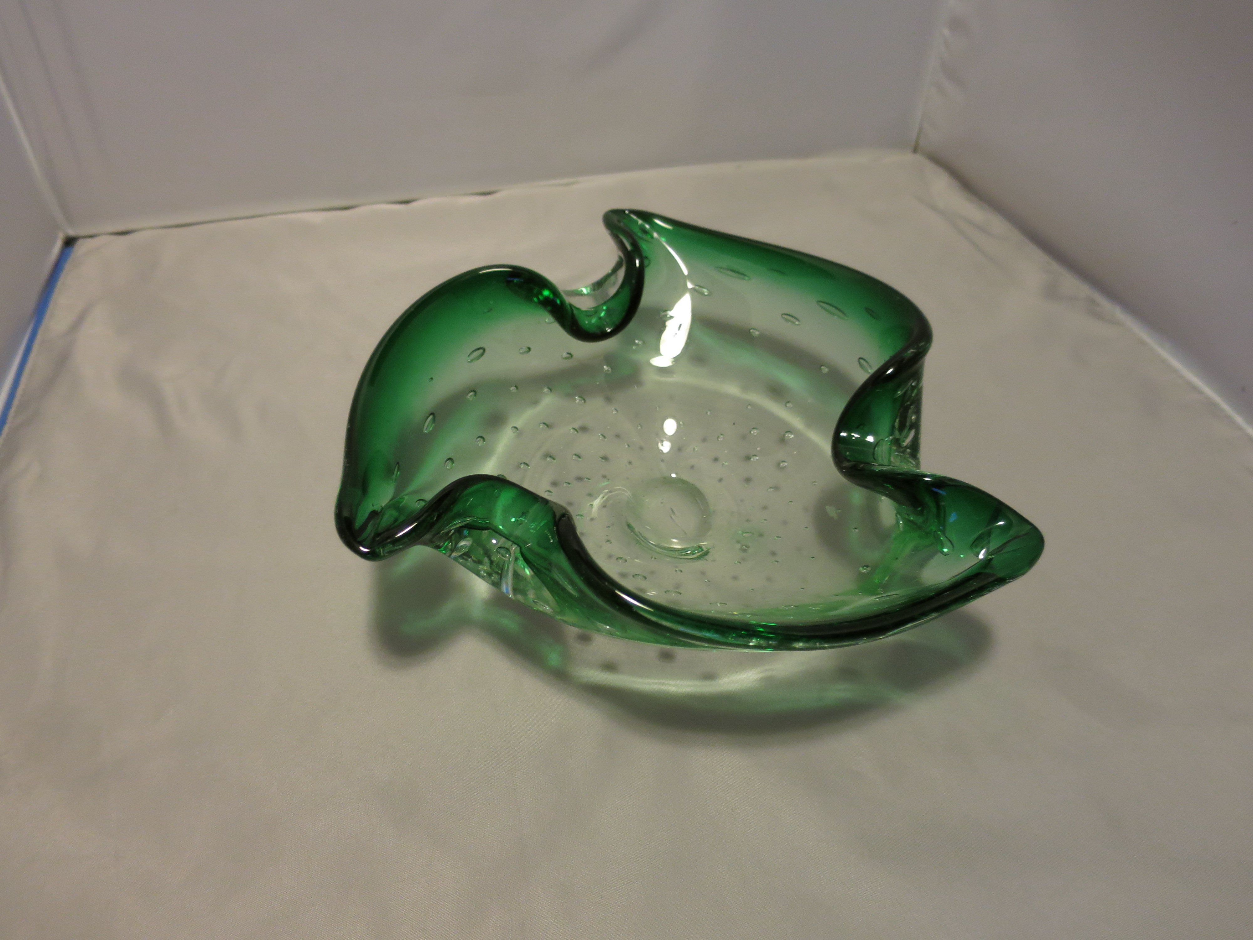 Murano Art Glass Green Cigar Ashtray with Air Bubbles