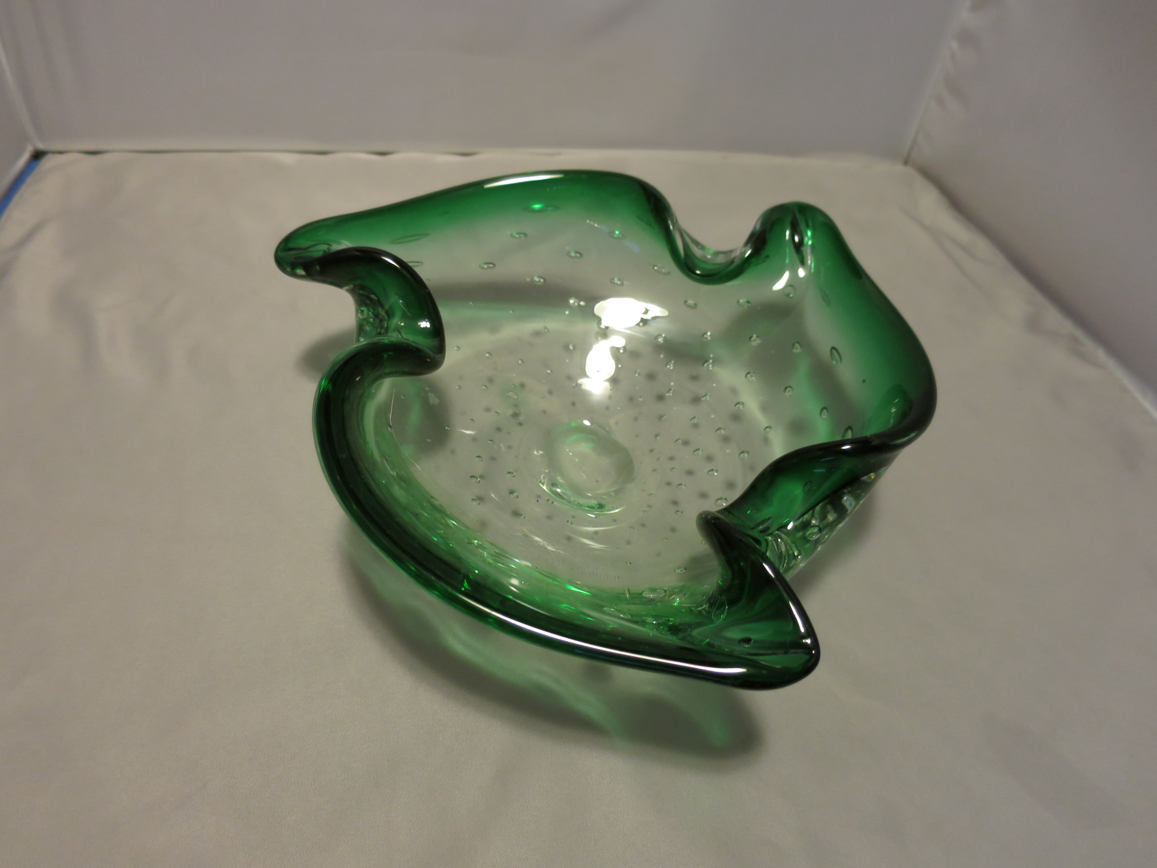 Murano Art Glass Green Cigar Ashtray with Air Bubbles