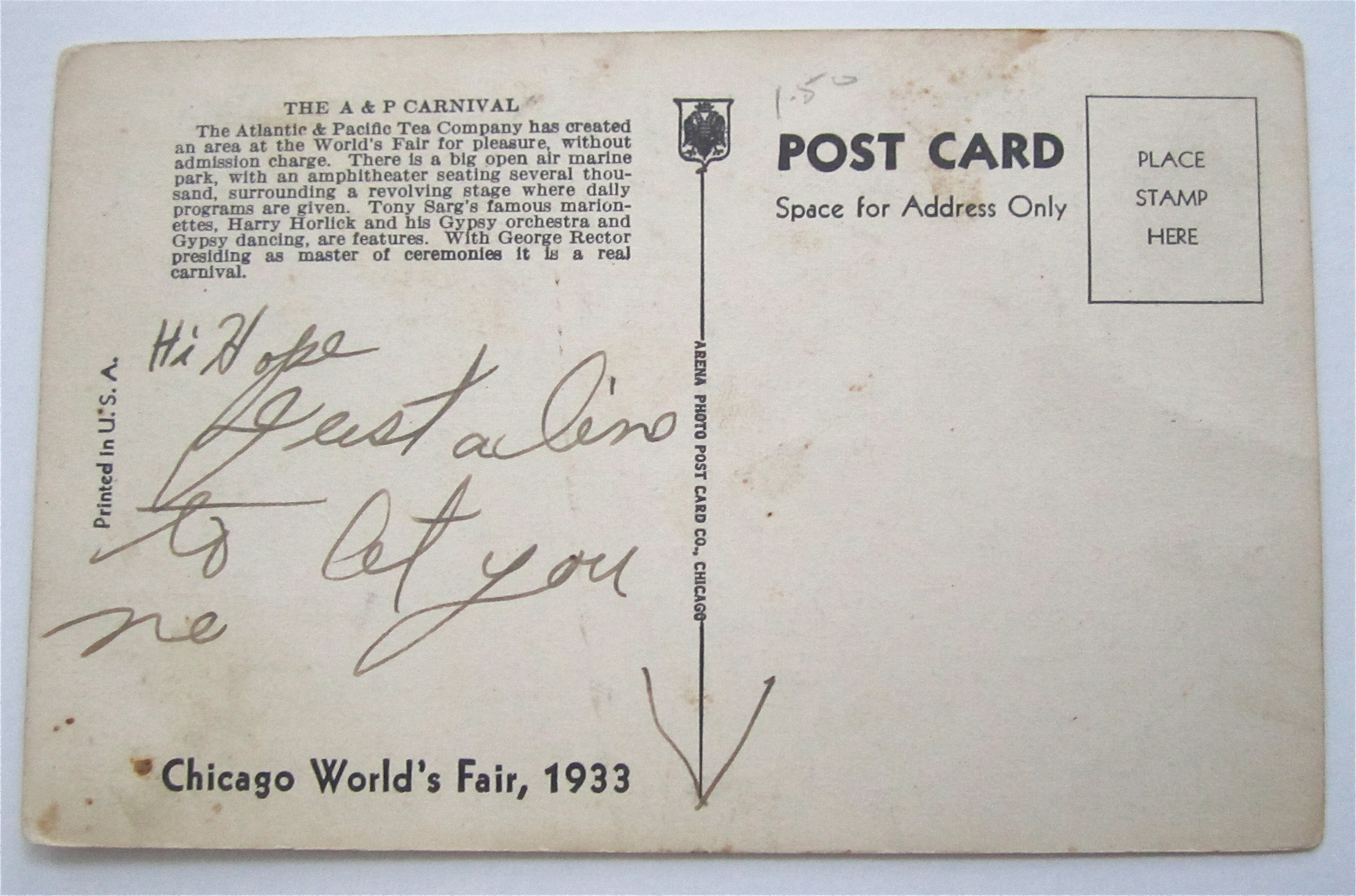 1933 Century Of Progress, A & P Carnival Postcard