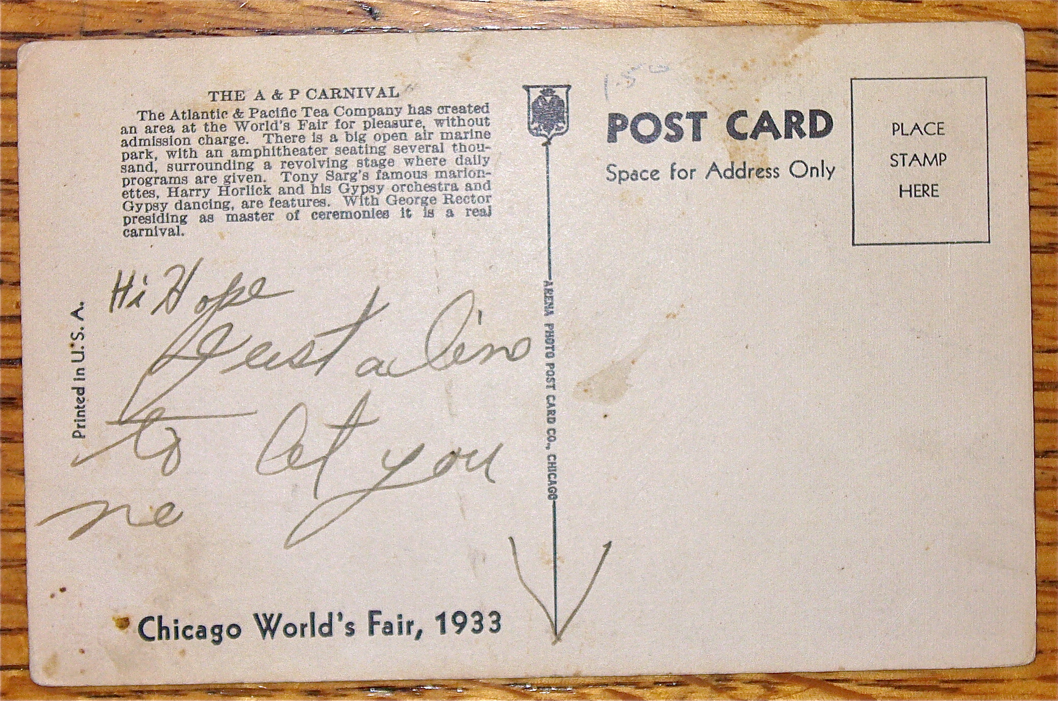 1933 Century Of Progress, A & P Carnival Postcard