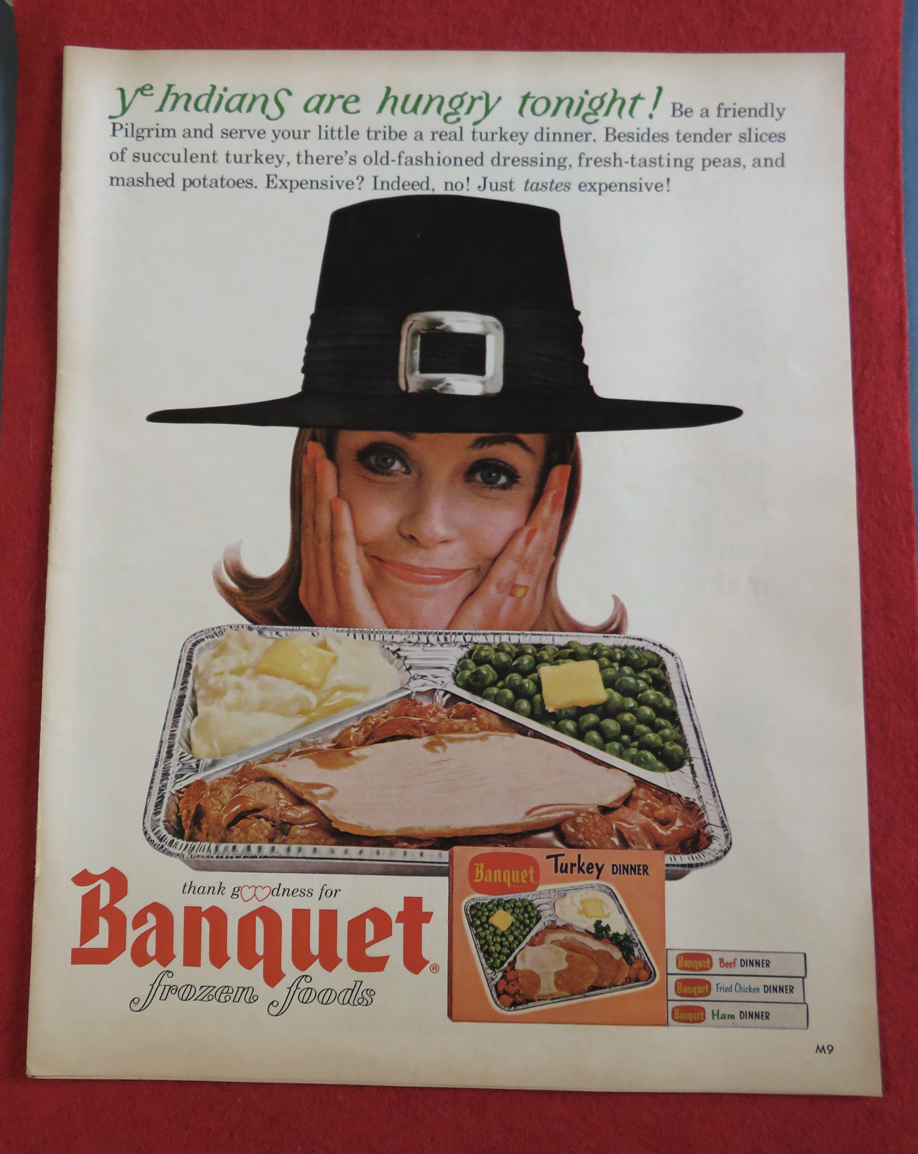 1964 Banquet Turkey Dinner w/ Woman in Pilgrim Hat