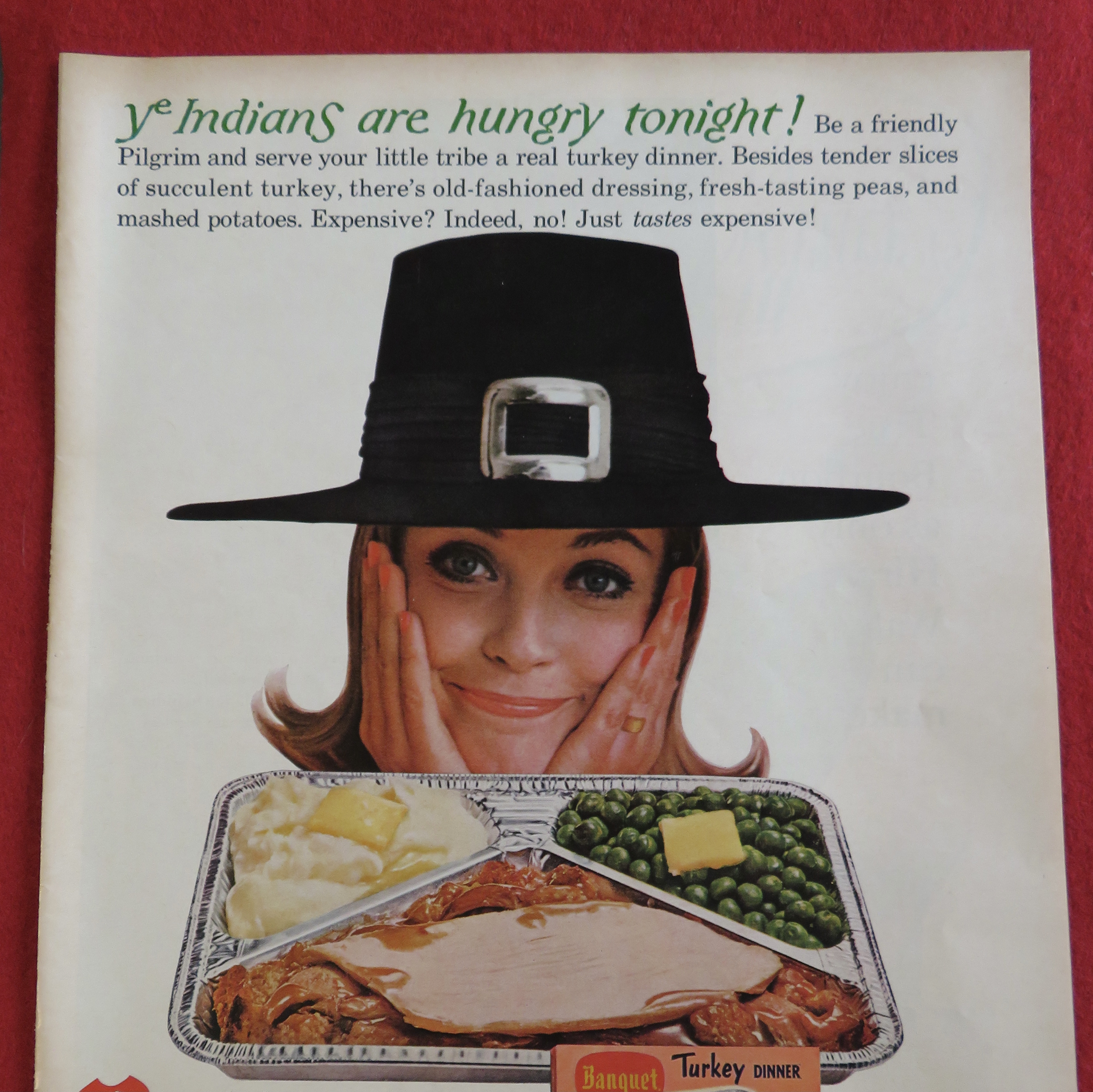 1964 Banquet Turkey Dinner w/ Woman in Pilgrim Hat