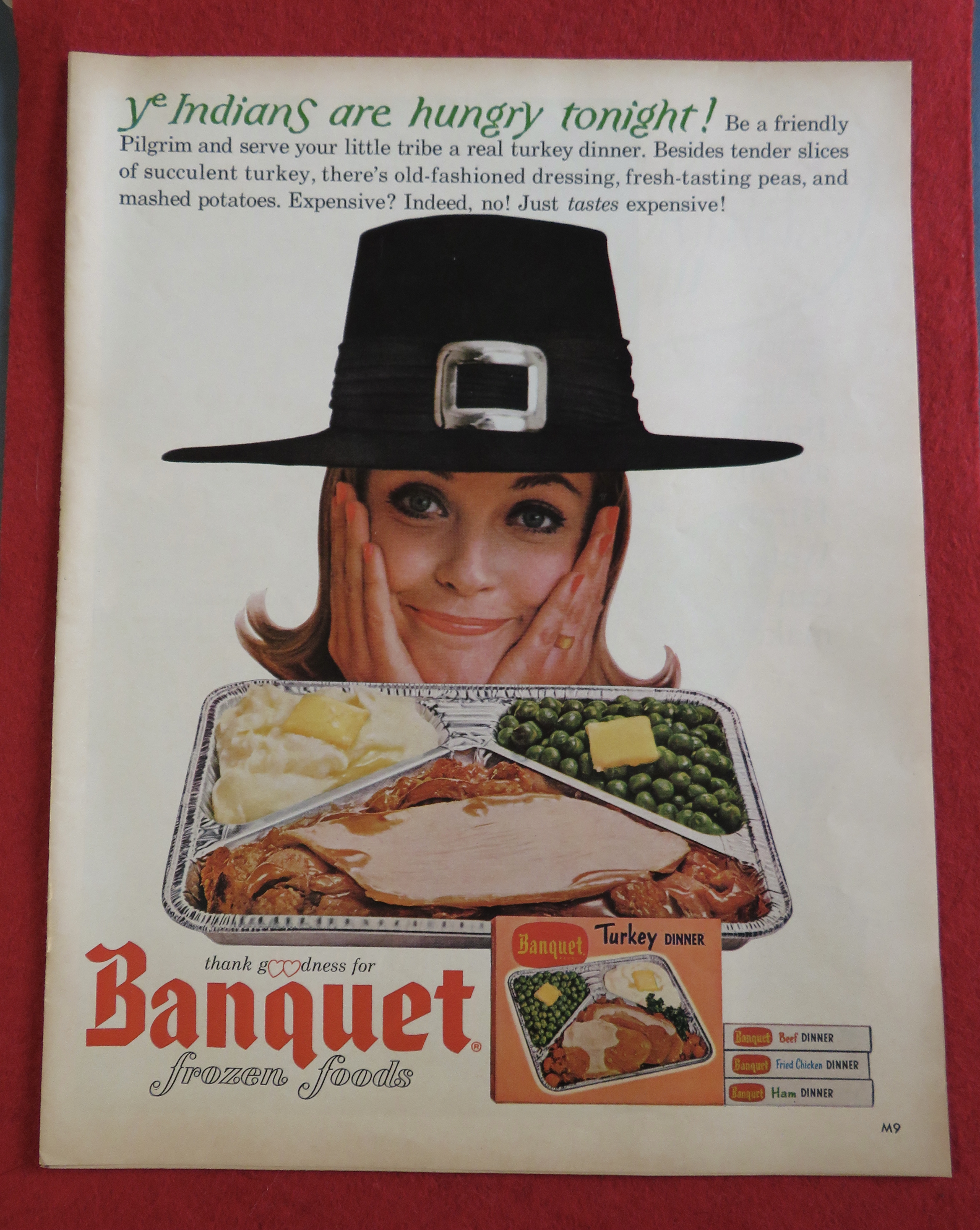 1964 Banquet Turkey Dinner w/ Woman in Pilgrim Hat