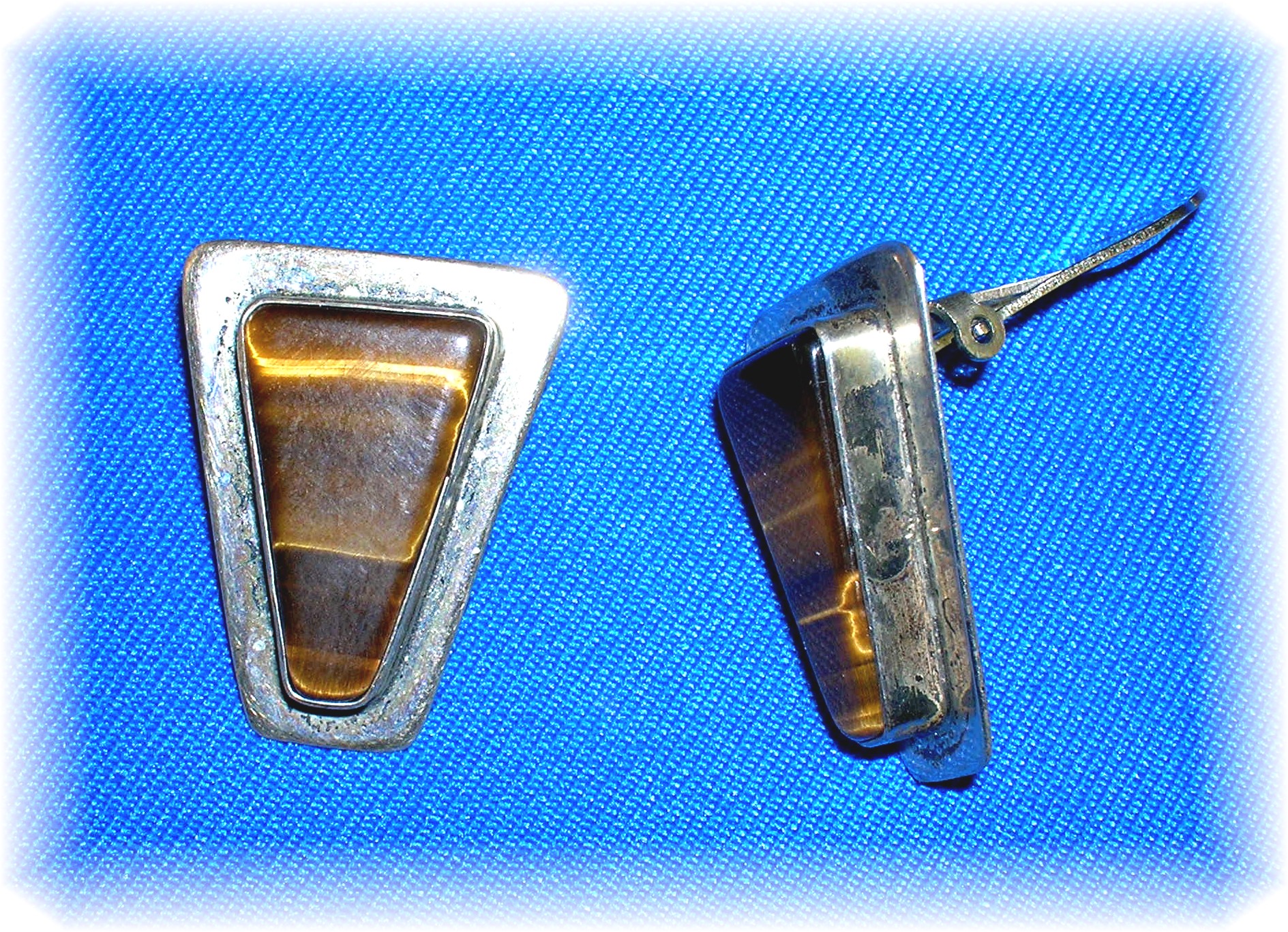Silver and Tigerseye Bezel Set clip Earrings
