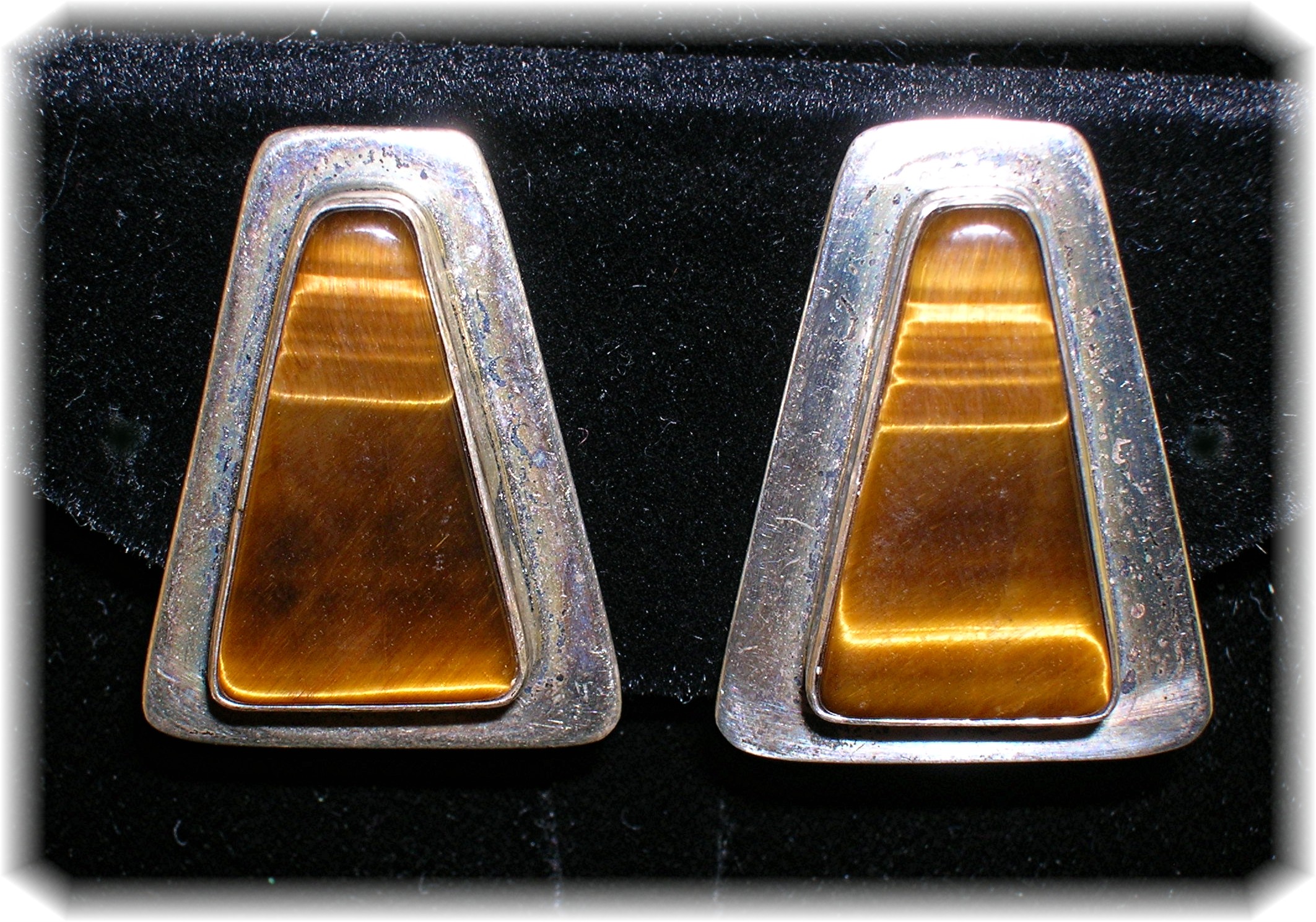 Silver and Tigerseye Bezel Set clip Earrings