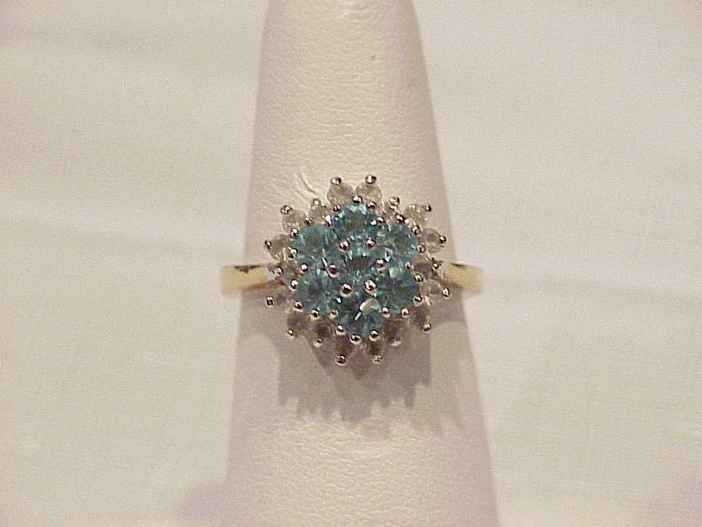 14k Gold Electroplate Blue And Clear Rhinestone Ring - Size 7